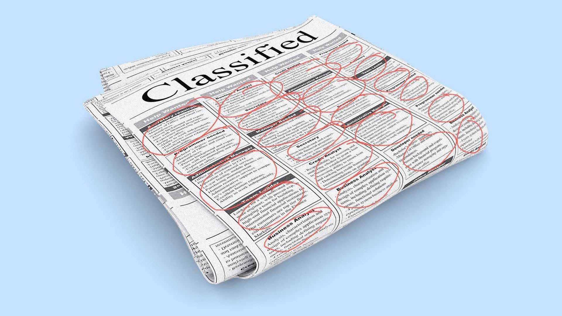 Illustration of the classified section of the newspaper with every posting circled in red.
