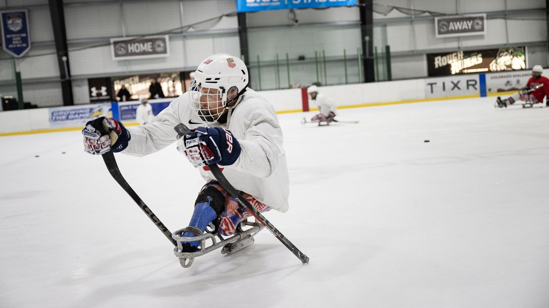 Declan Farmer during a Team USA Sled Hockey practice in February.