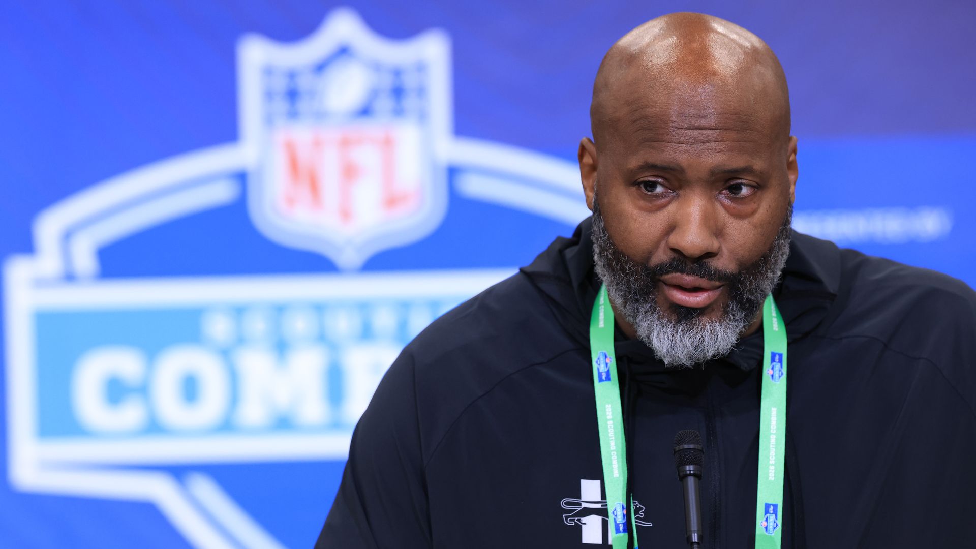 General manager Brad Holmes addresses the media at the 2026 NFL Scouting Combine. 