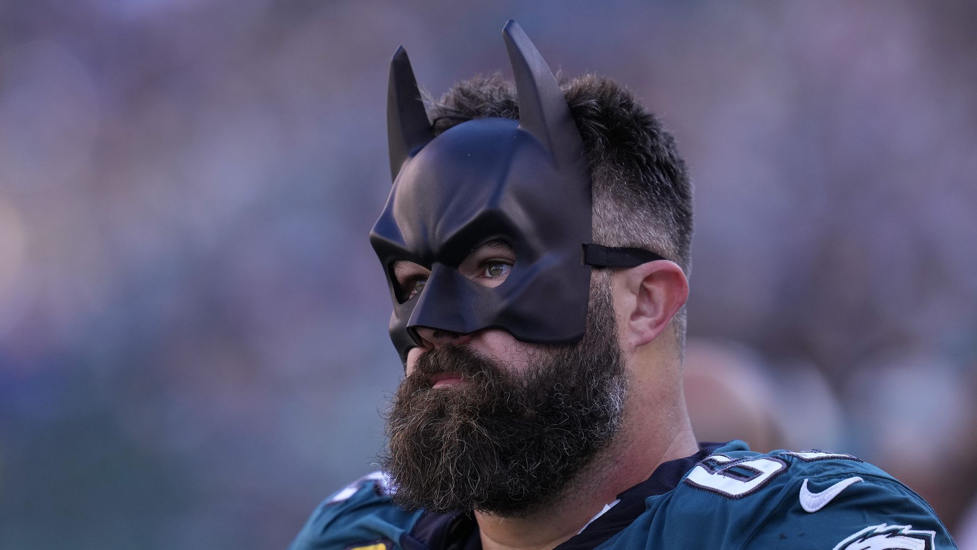 Eagles center Jason Kelce wearing a Batman mask.
