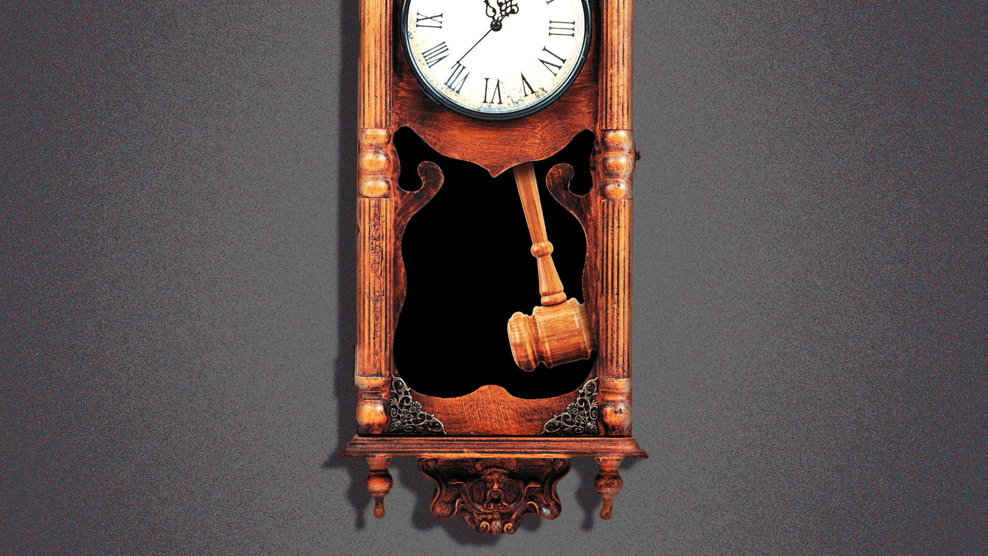 Animated illustration of a gavel replacing the pendulum inside a grandfather clock.