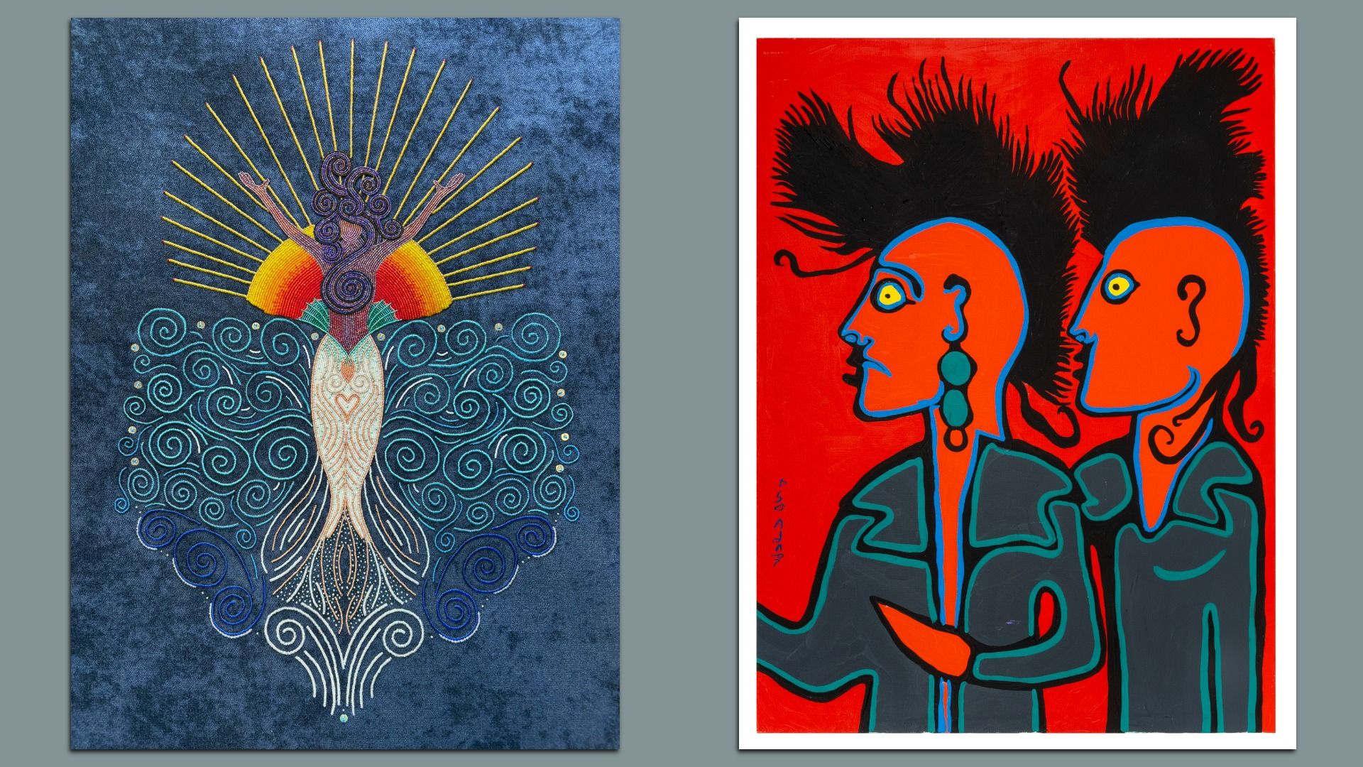 Two artworks side-by-side; left shows a purple mermaid figure with swirling hair and tail, rising from blue waves with yellow sun rays behind, dark blue background. Right depicts two punk figures, blue outlines, yellow eyes, and teal jackets against vibrant red background.