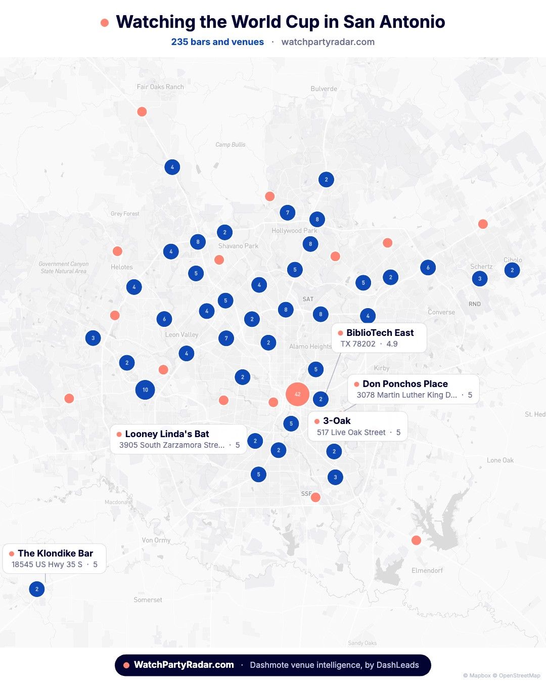 A map of San Antonio shows World Cup watch parties across the city, and highlights BiblioTech East, Don Ponchos Place, 3-Oak and Looney Linda's Bat.