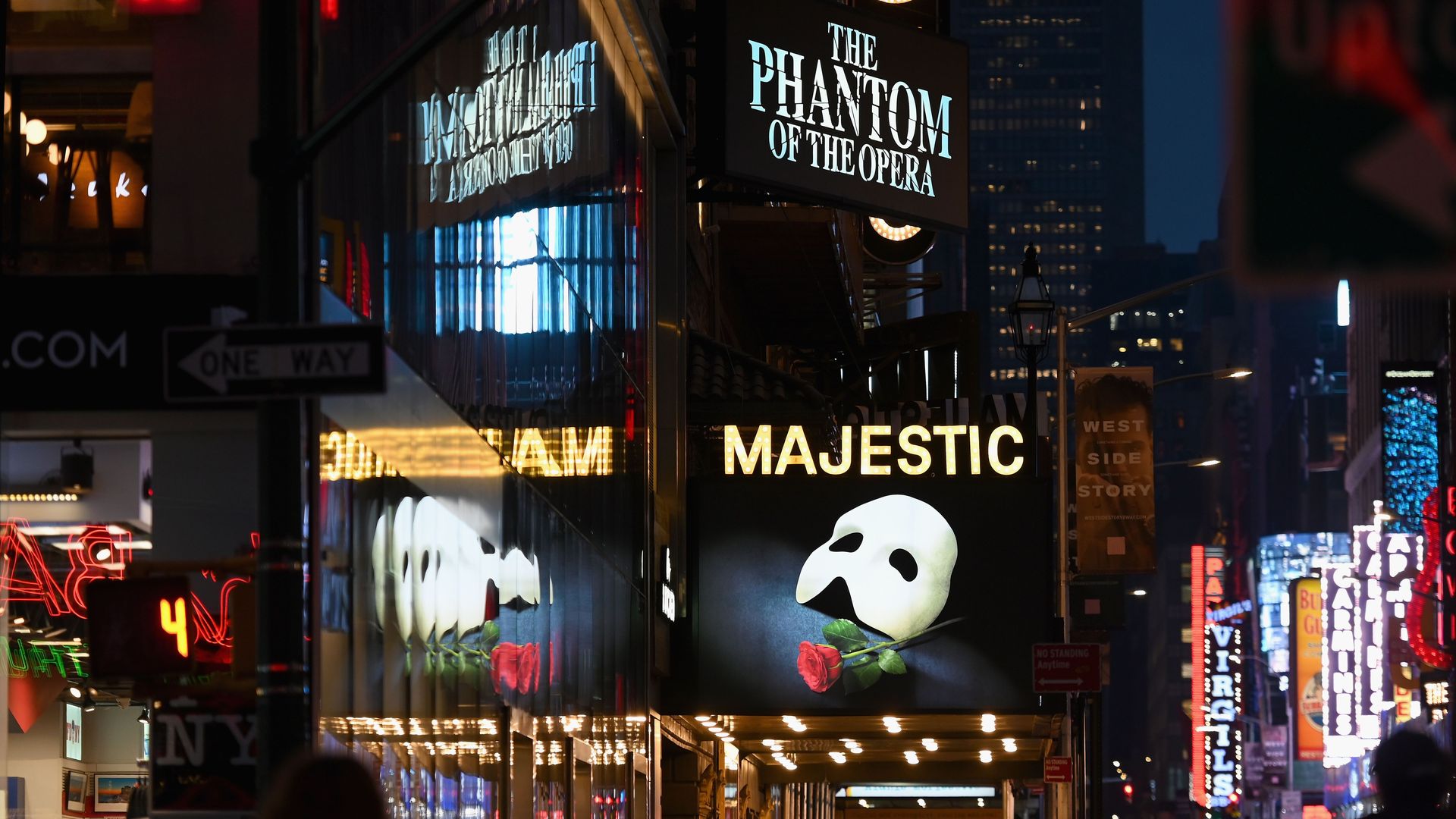Signage of the Broadway play "The Phantom of the Opera" seen at Time Square on March 12, 2020 in New York City.