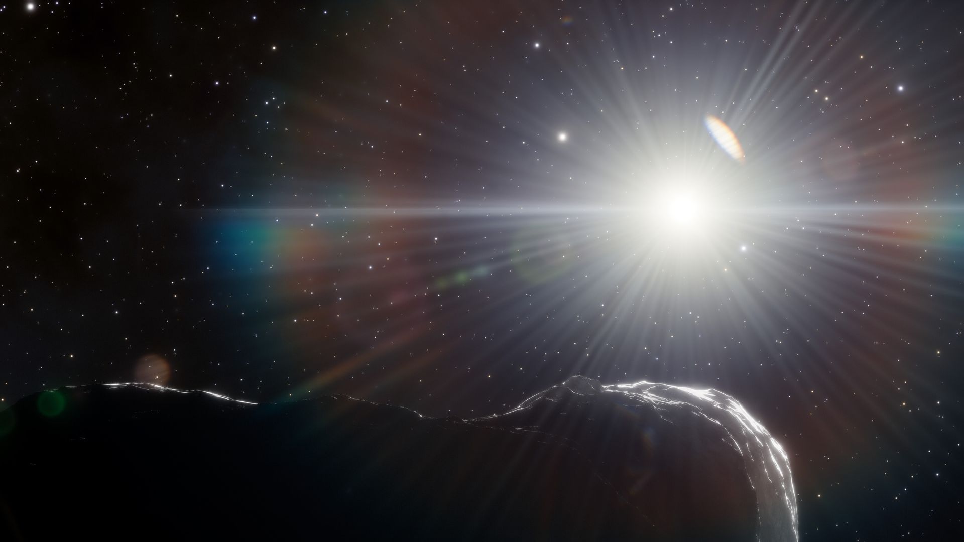 Artist's illustration of an asteroid in the glare of the Sun. Image: DOE/FNAL/DECam/CTIO/NOIRLab/NSF/AURA/J. da Silva/Spaceengine