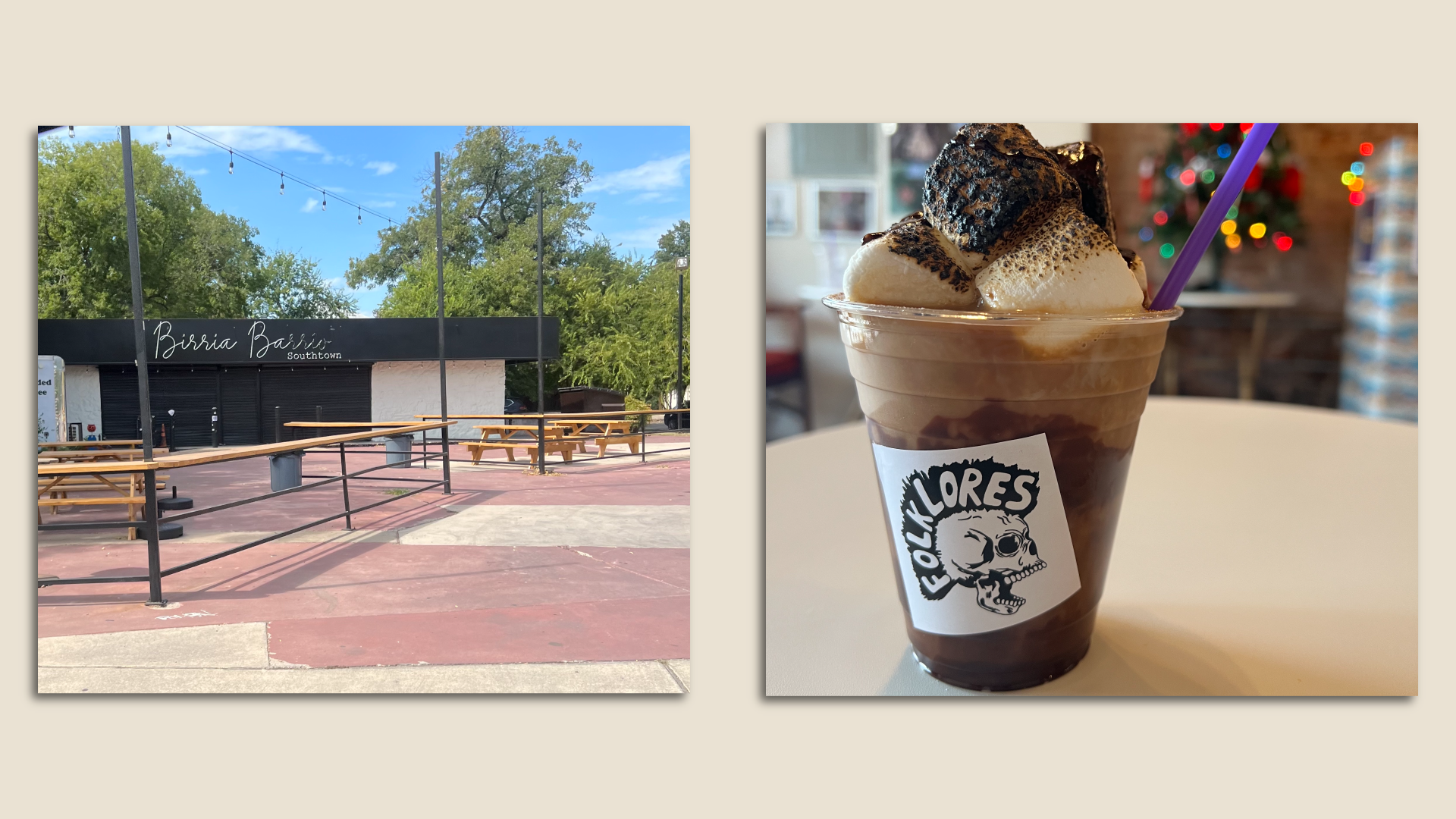 A side-by-side photo shows the exterior of a restaurant on one panel and a coffee with toasted marshmallows on the other.