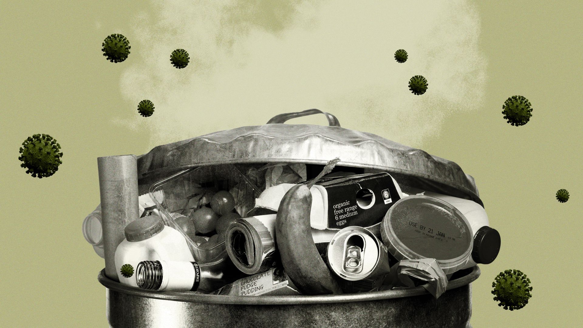 A full trash can surrounded by COVID cells. 