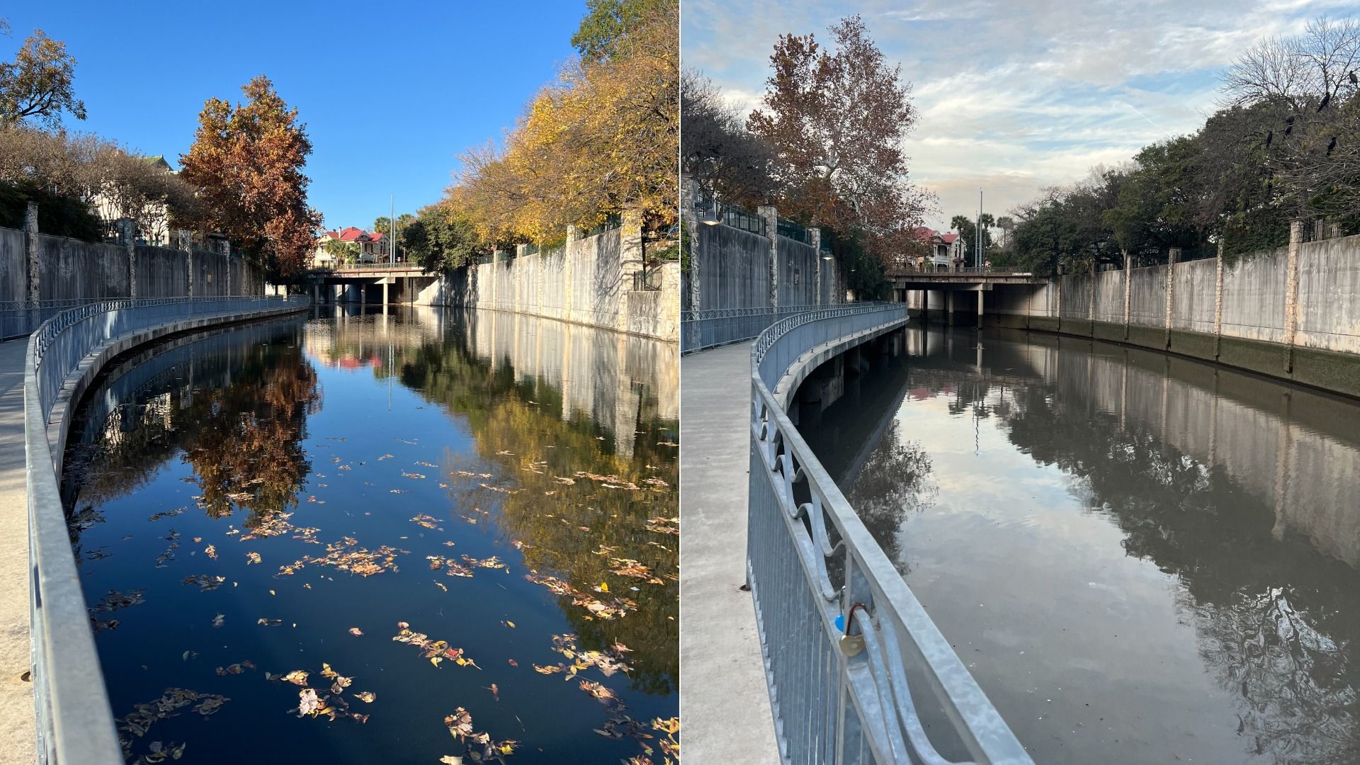 Side-by-side photos of a curved river path with a metal railing and stone walls. Left: sunny day with blue sky and autumn leaves floating. Right: cloudy sky with dull water and similar scenery.