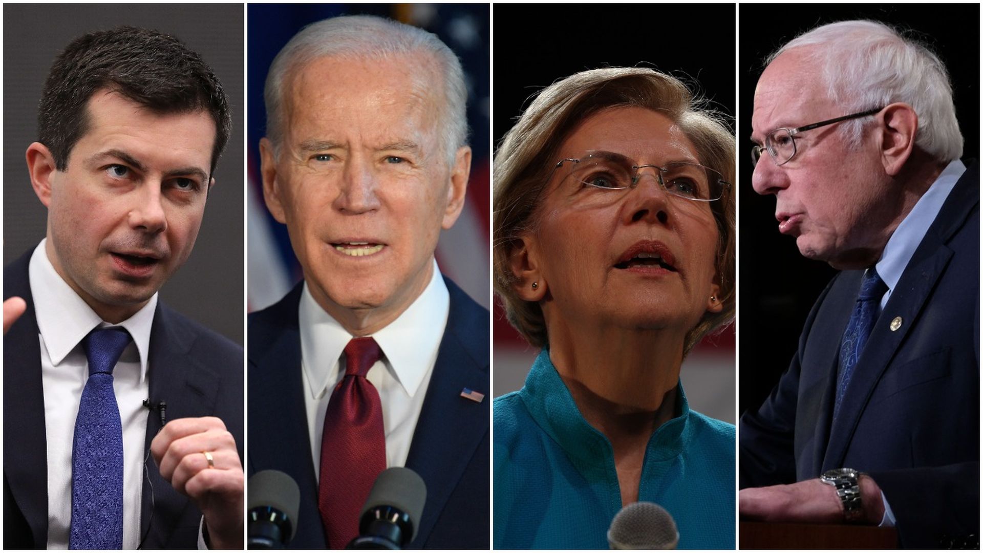 This image is a four-way split between Joe Biden, Elizabeth Warren, Pete Buttigieg, Bernie Sanders