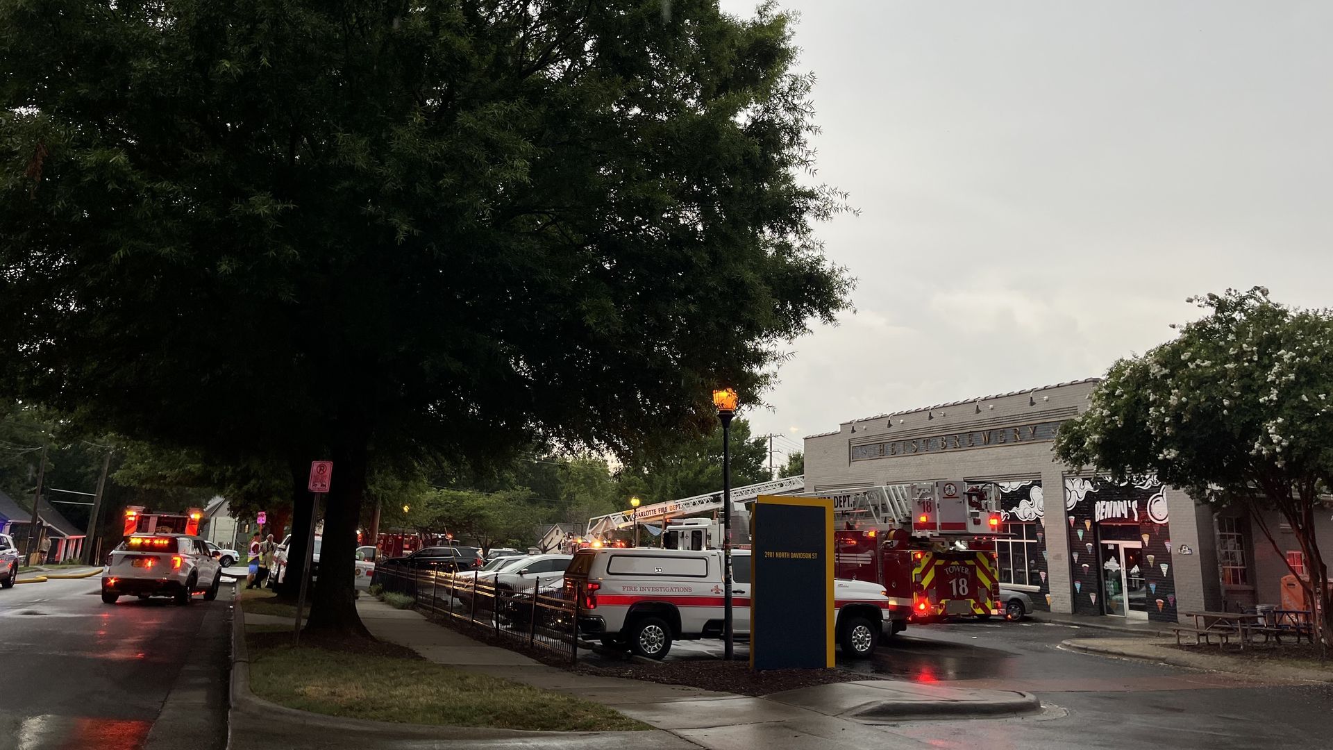Fire trucks outside of Heist Brewery in NoDa.