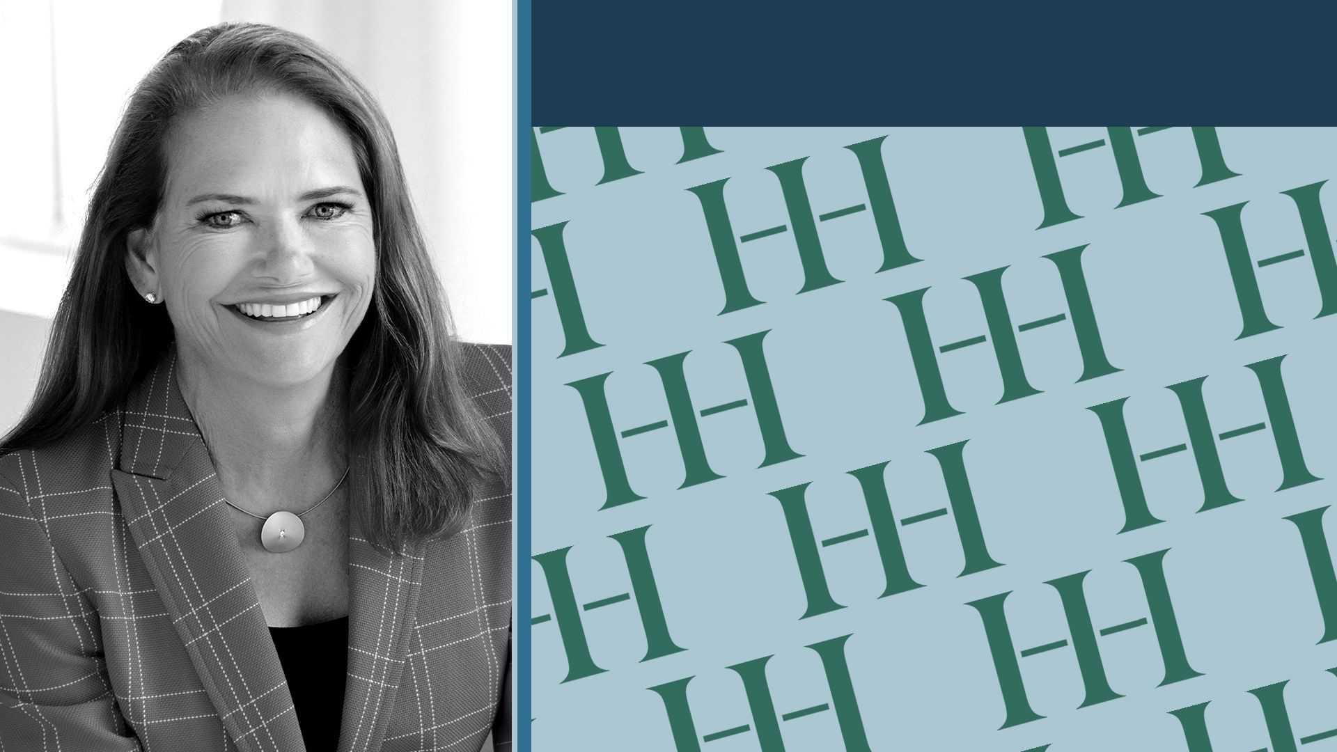 Photo illustration of Amy Abernethy next to a pattern of Highlander Health logos.