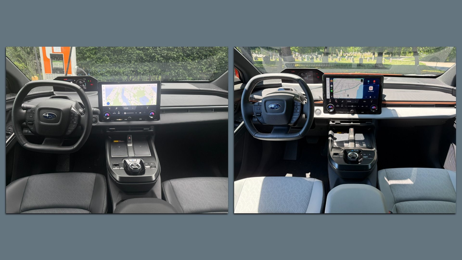 Interiors of the Subaru Trailseeker and Uncharted electric SUVs, pictured side-by-side. Each has a large vertical touchscreen, digital gauges, and a central console. Left cabin is dark gray; right cabin uses lighter upholstery with orange trim.