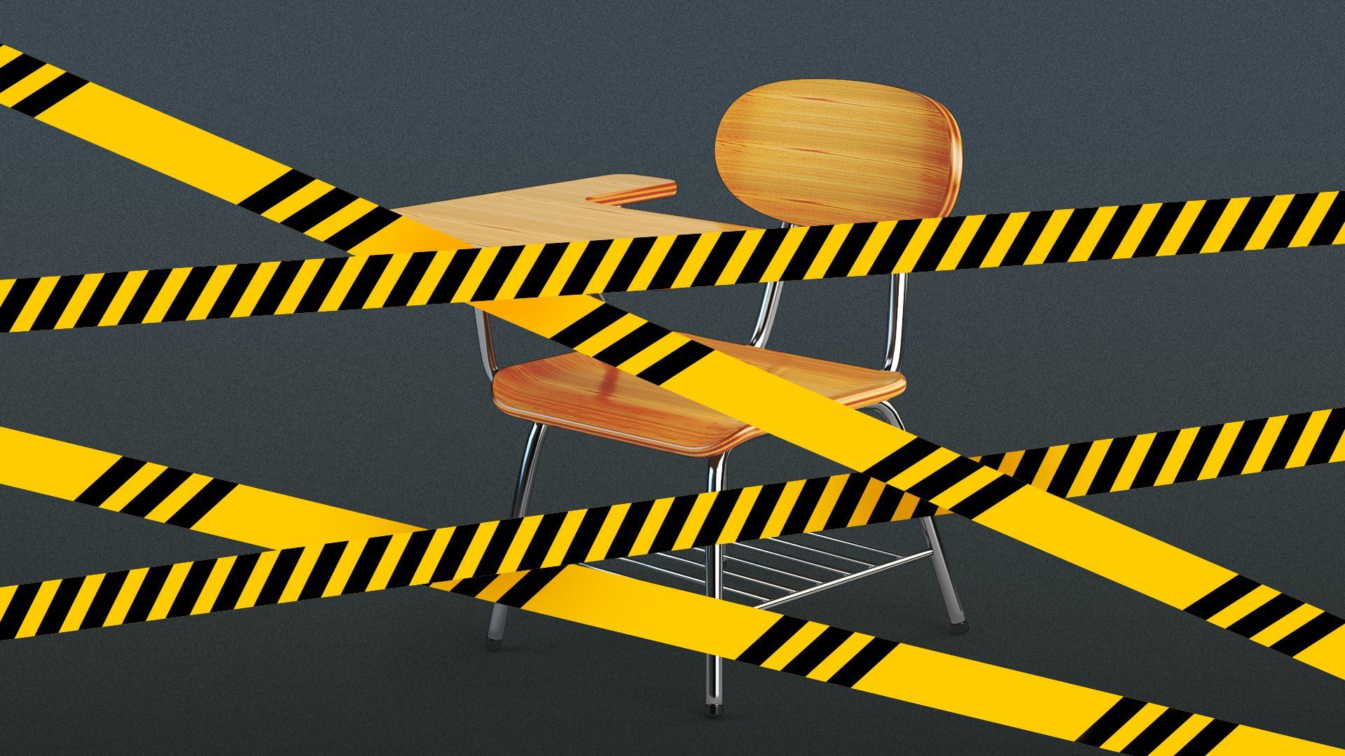 Illustration of an isolated desk with multiple pieces of yellow police tape stretched across the image. 