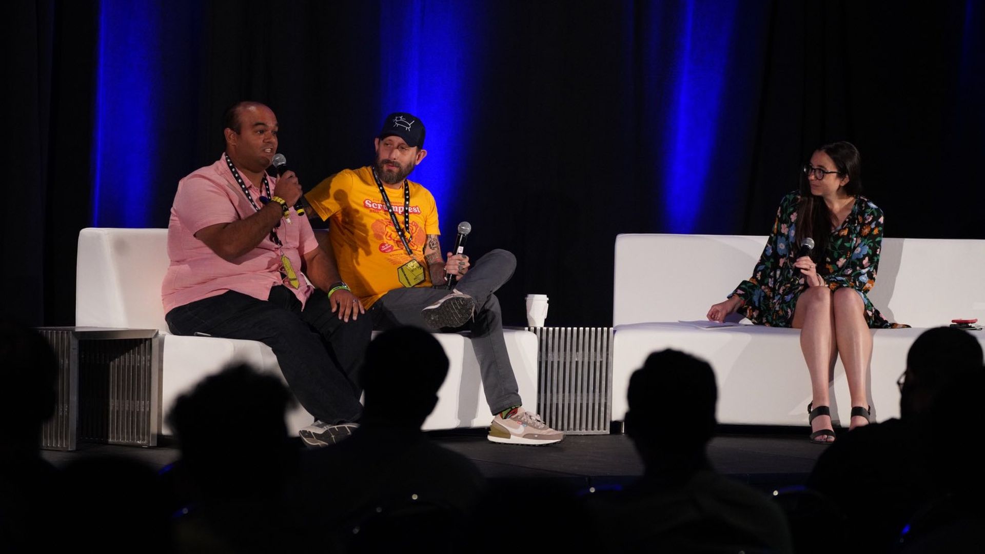 A.J. Feliciano (Head of The Roost - Rooster Teeth); Geoff Ramsey (Co-founder at Rooster Teeth); Kerry Flynn (Media Deals Reporter, Axios Pro at Axios) at VidCon 2022 on June 26, 2022.