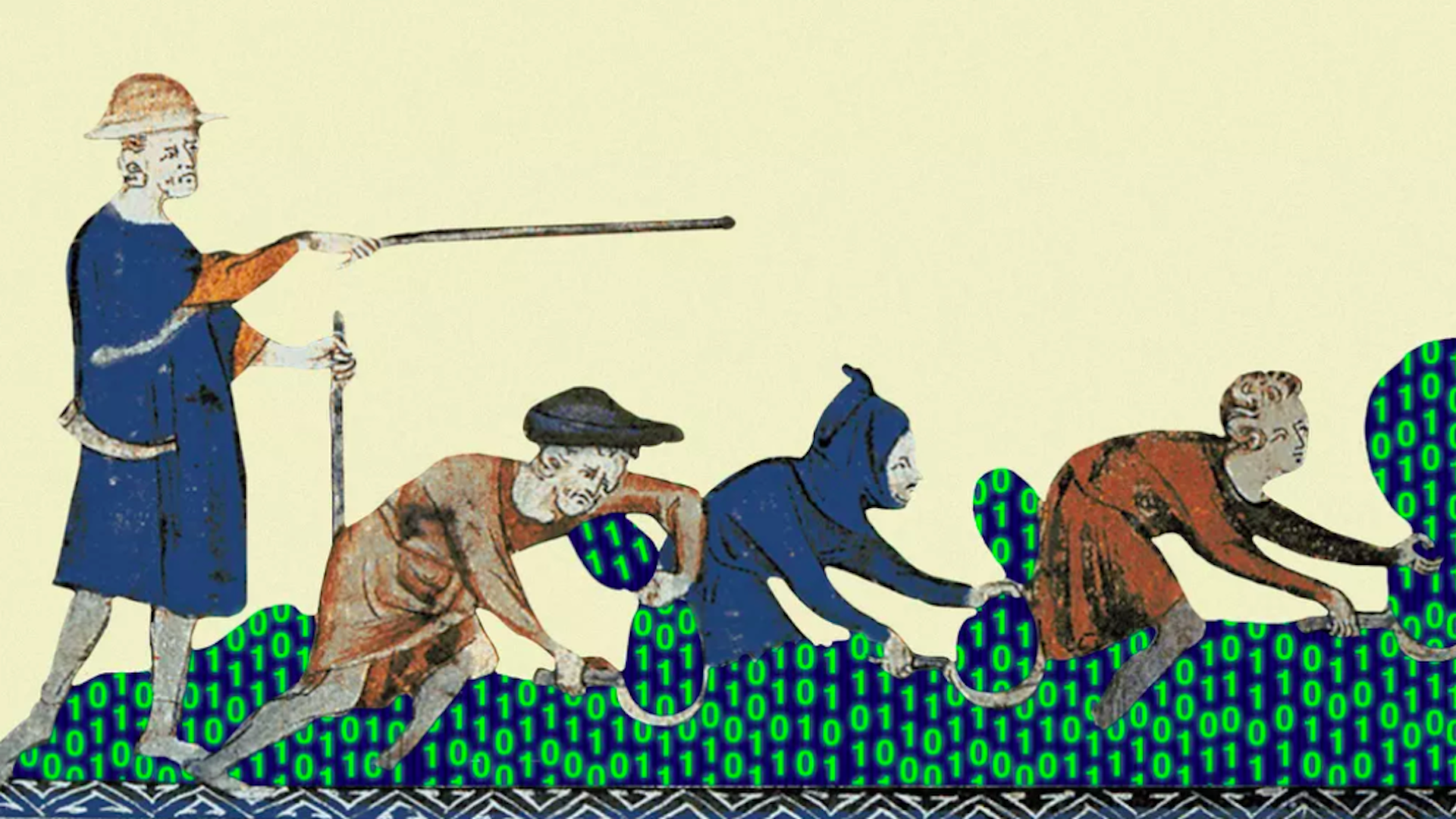 Illustration of a medieval print depicting farmers collecting 1s and 0s