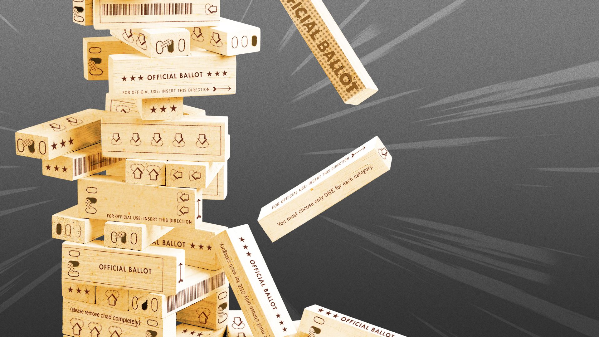 Illustration of a jenga-like tower of blocks falling with ballot elements covering it