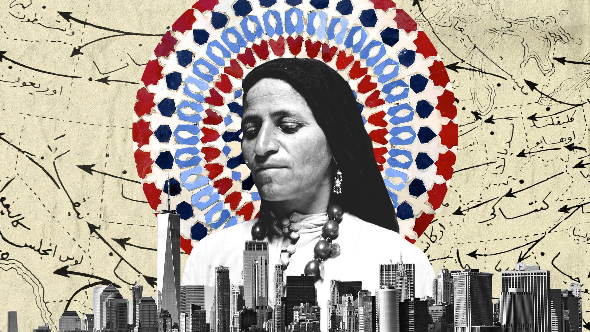 Photo illustration of a Syrian Arab immigrant from Ellis Island, on a background of a US map with Arabic writing, a tile mosaic design, and a New York cityscape in the foreground.