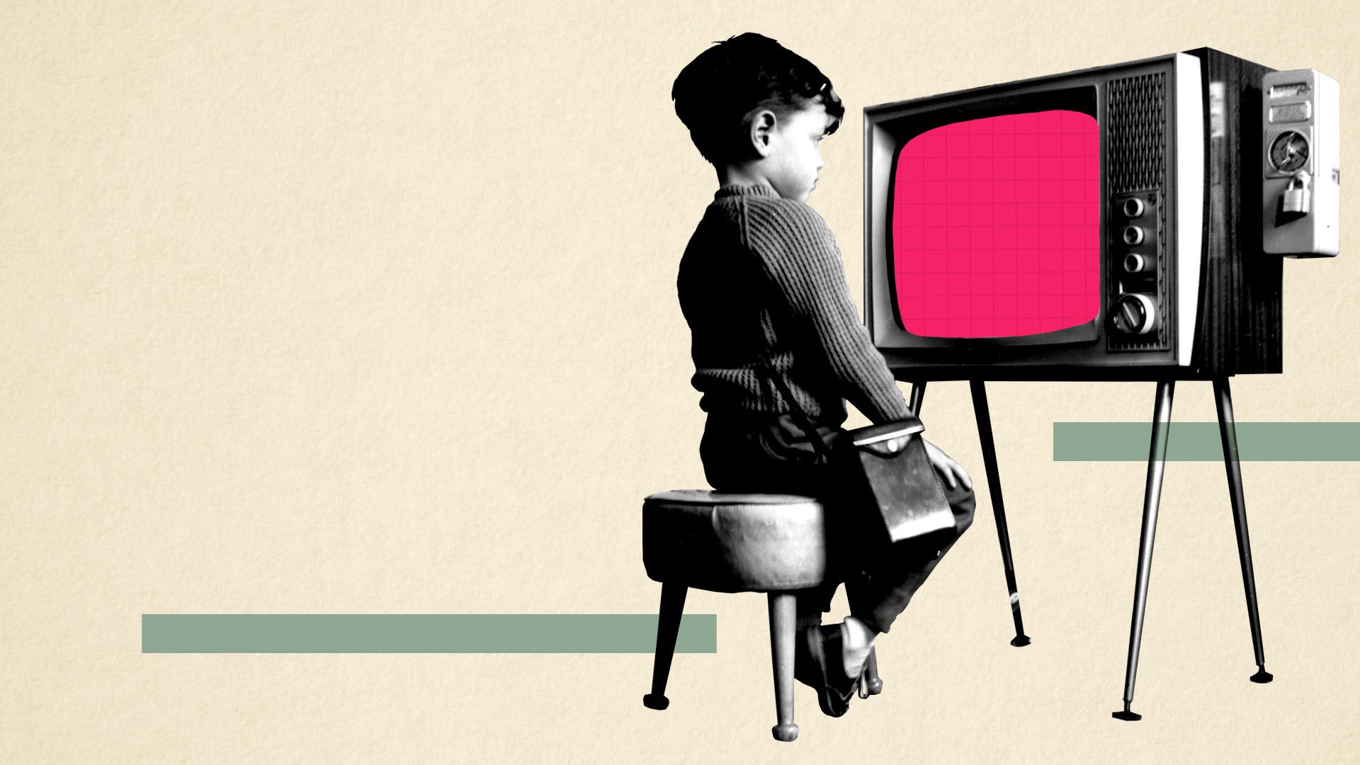 Illustration of a vintage photo of a young boy watching television