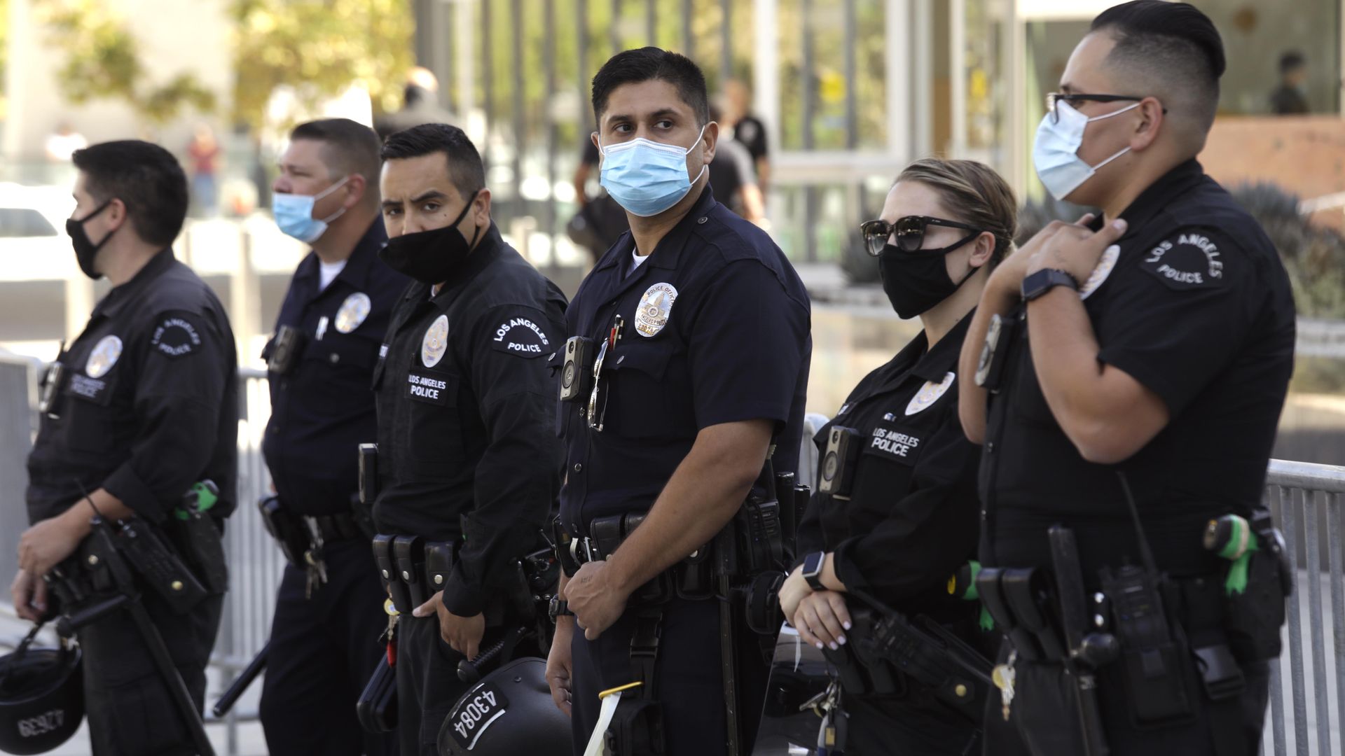 Police officers lined up.