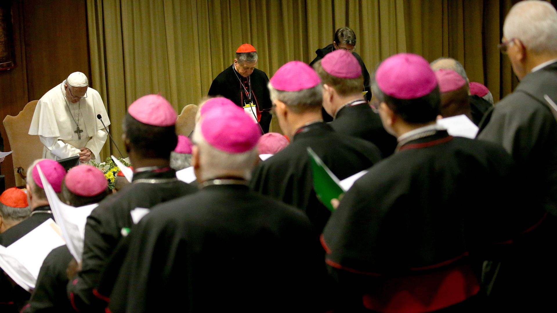 In this image, the Pope stands in front of a crowd of clergy members