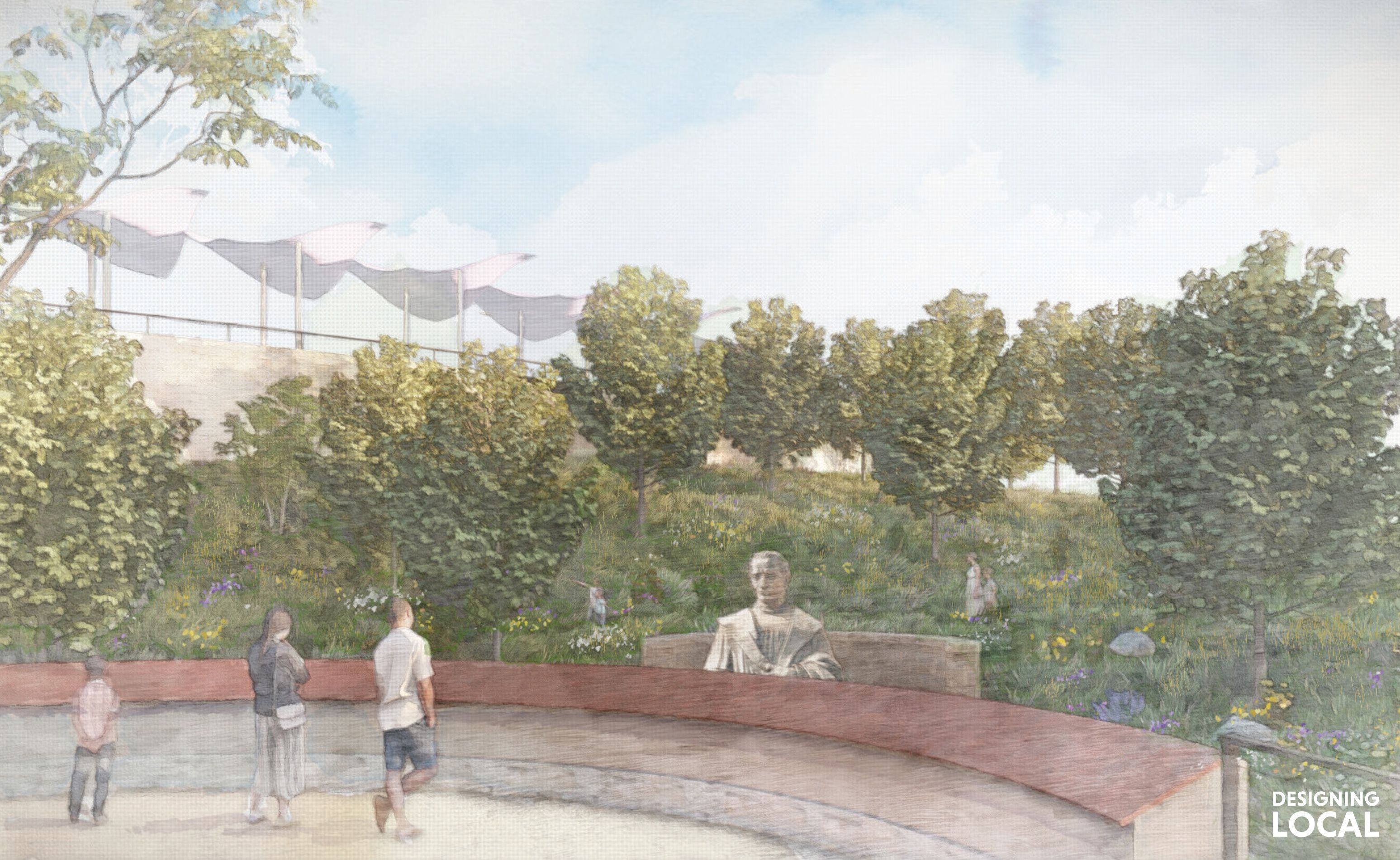 A rendering of an overlook in a park, with people standing nearby the Christopher Columbus statue, surrounded by green trees, bushes, and flowering plants under a partly cloudy sky. The statue is at eye level from the overlook.