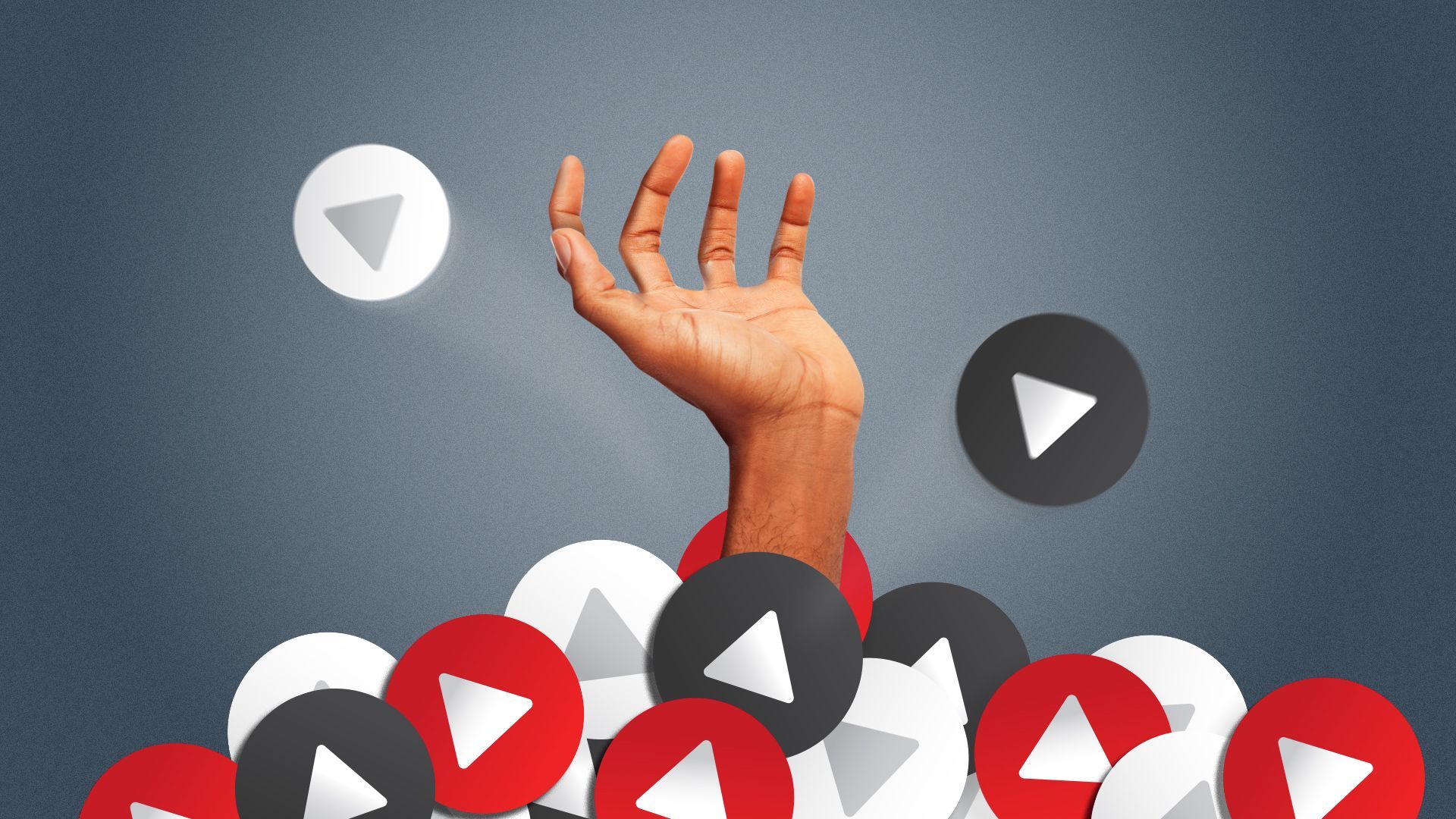 Illustration of a hand reaching out for help from a pile of play buttons. 