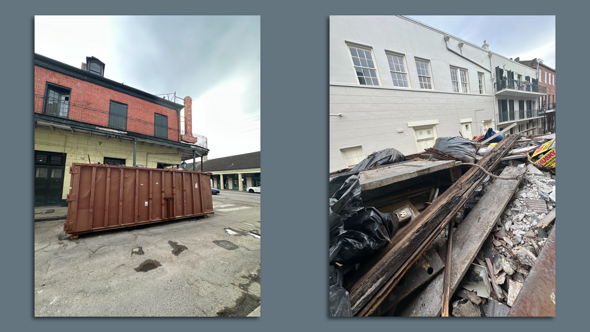 Photo shows a dumpster outside Tujague's