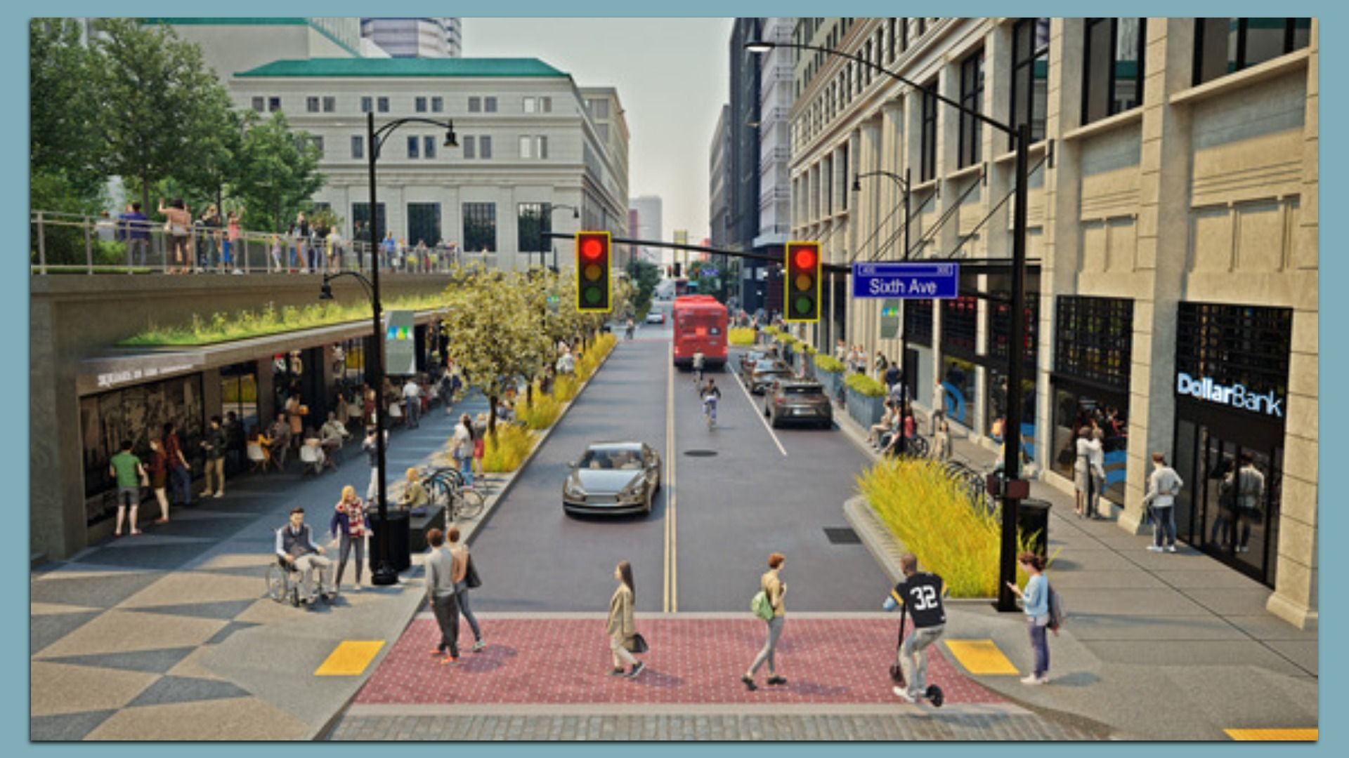 Urban street scene at Sixth Ave with people walking, cycling, and sitting outside shops including Dollar Bank, cars driving, red traffic lights, and greenery along sidewalks.