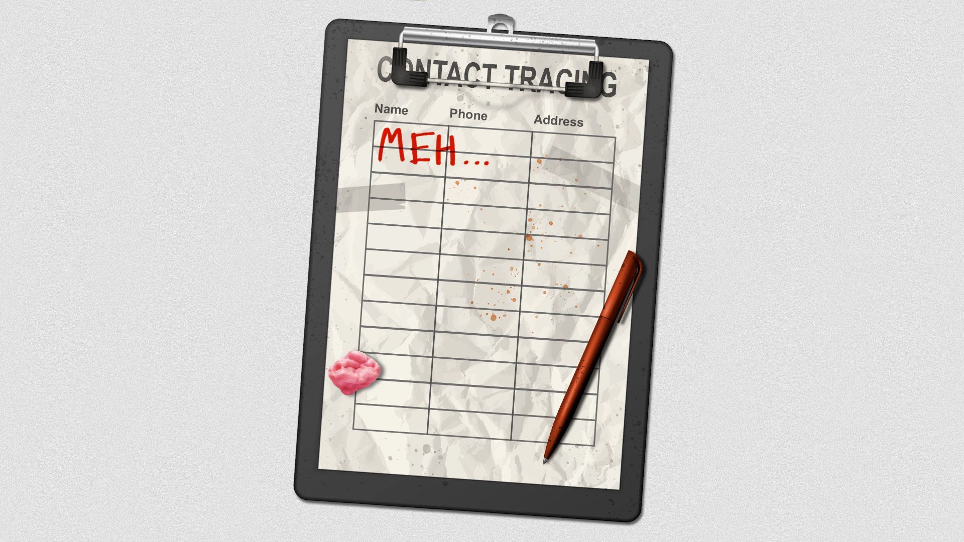 Illustration of a clipboard with a dirty contract tracing form on it reading "meh"