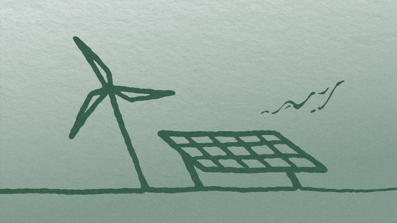 Animated illustration of a windmill and solar panel drawn in green ink on paper. A gold fountain pen scratches both out with red ink.