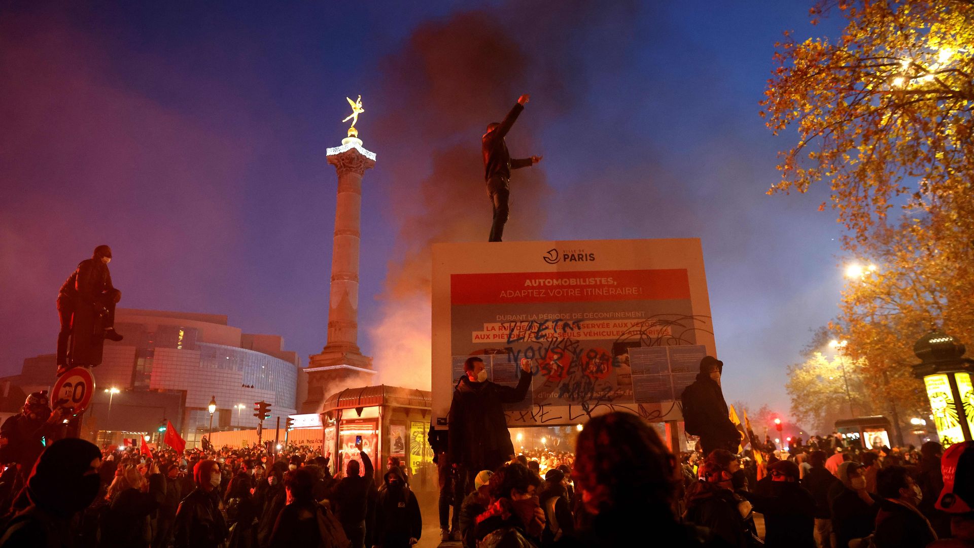 Demonstrators rally on Place de la Bastille in Paris on November 28