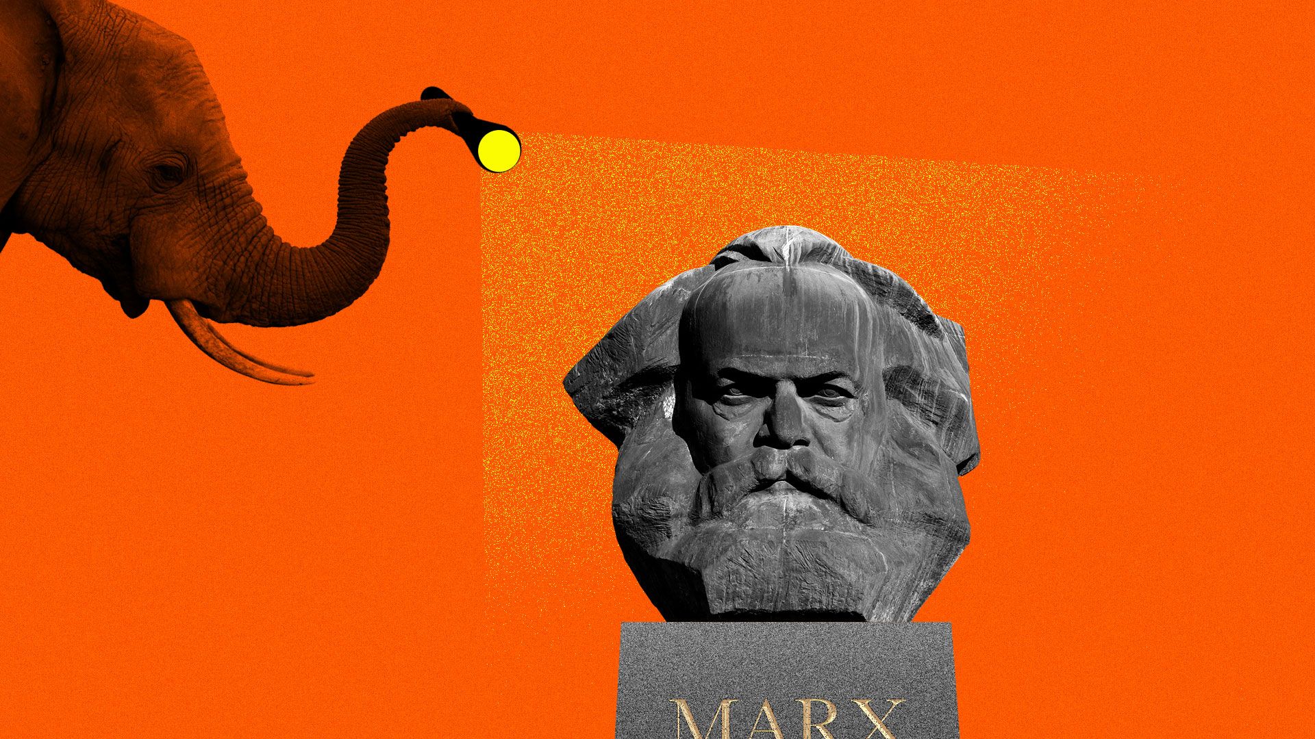 An elephant shining a flashlight on a bust of Karl Marx