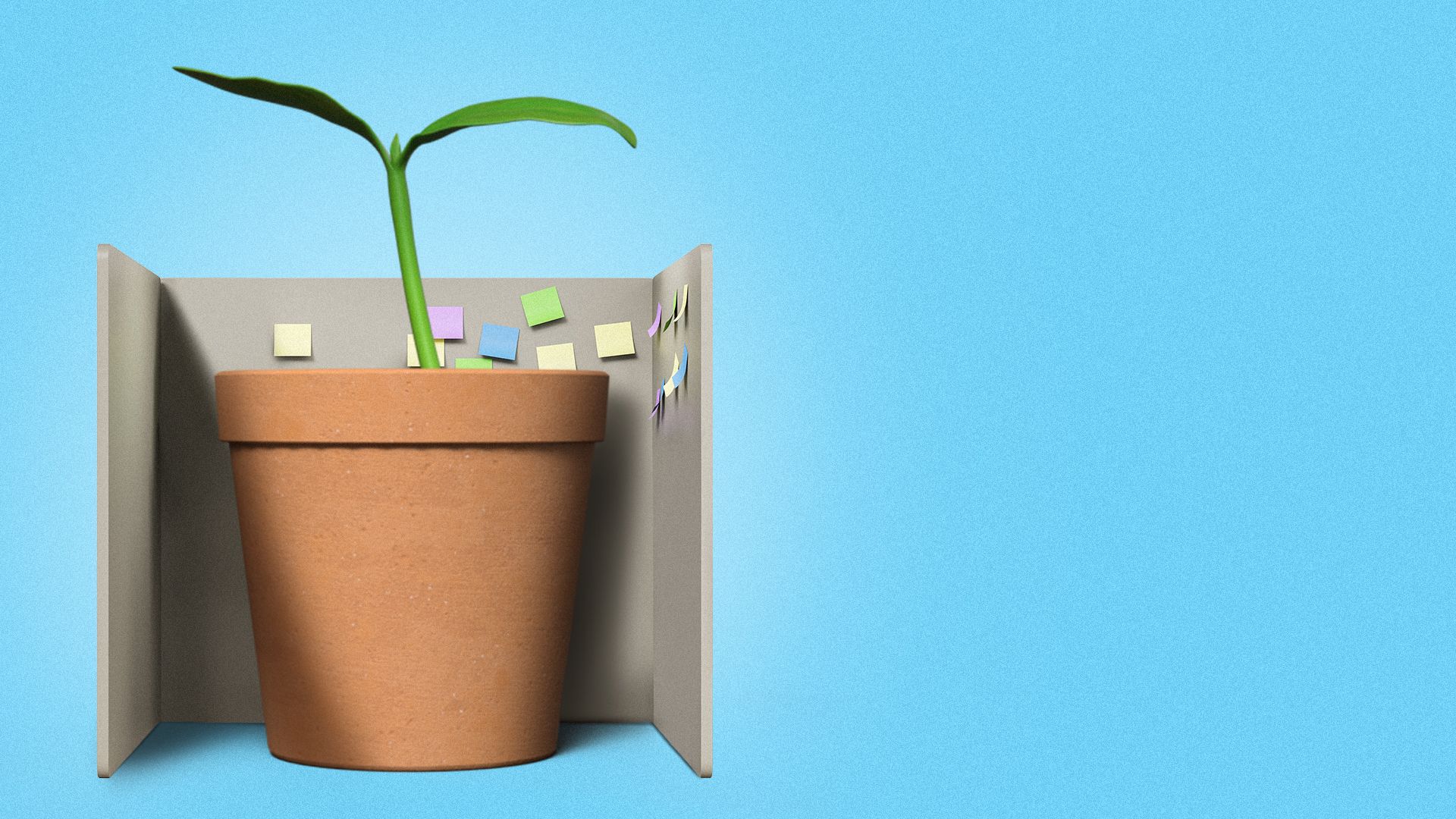Illustration of a sprout in a terracotta pot inside a cubicle.