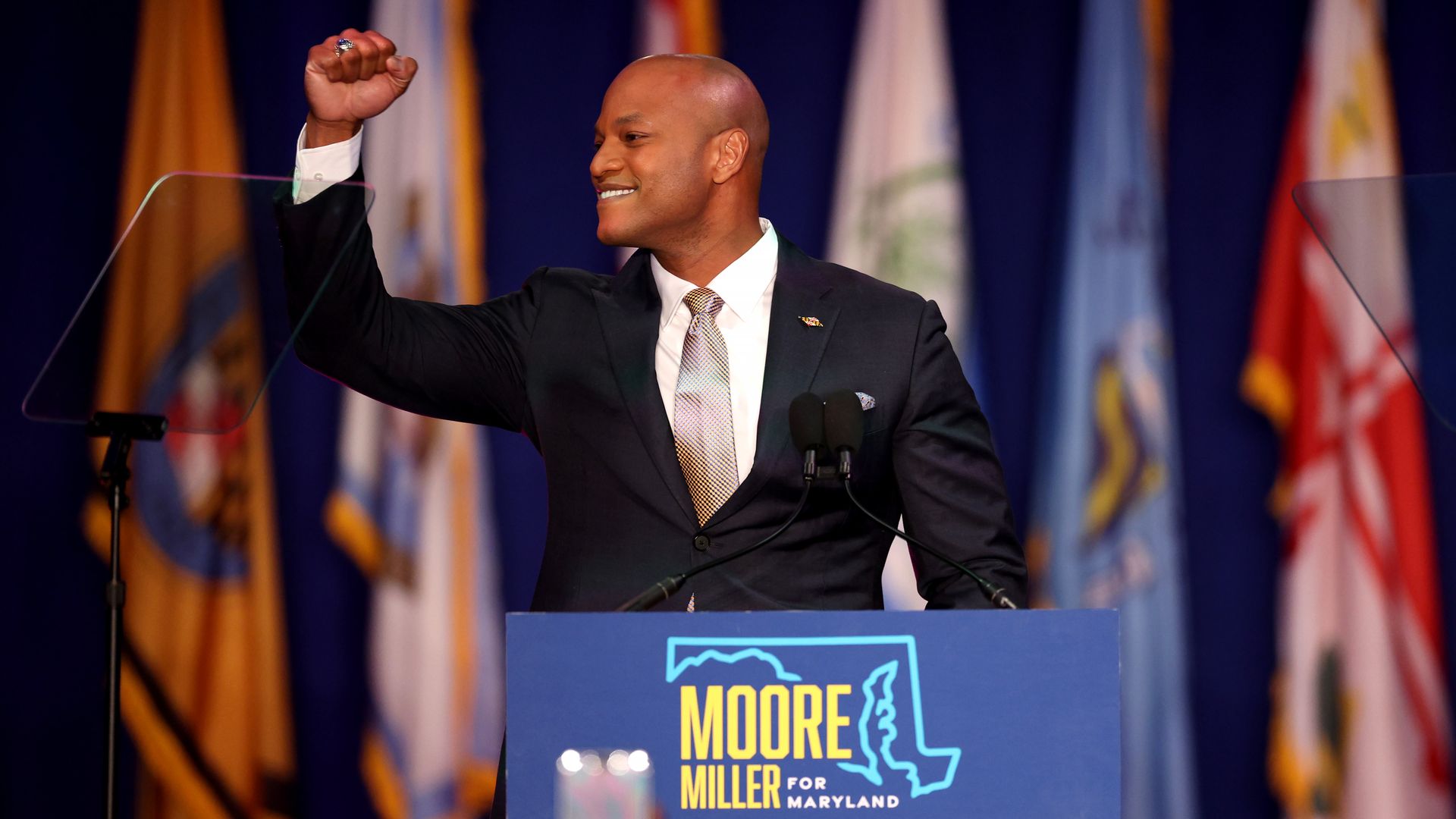 Democrat Wes Moore celebrates before addressing supporters in Baltimore, Md., on election night.