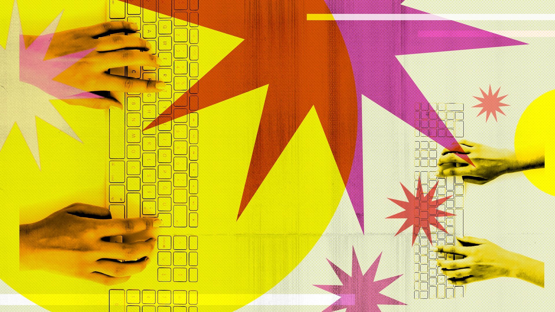 Illustration of an abstract collage of hands on computer keyboards, stars and other shapes.