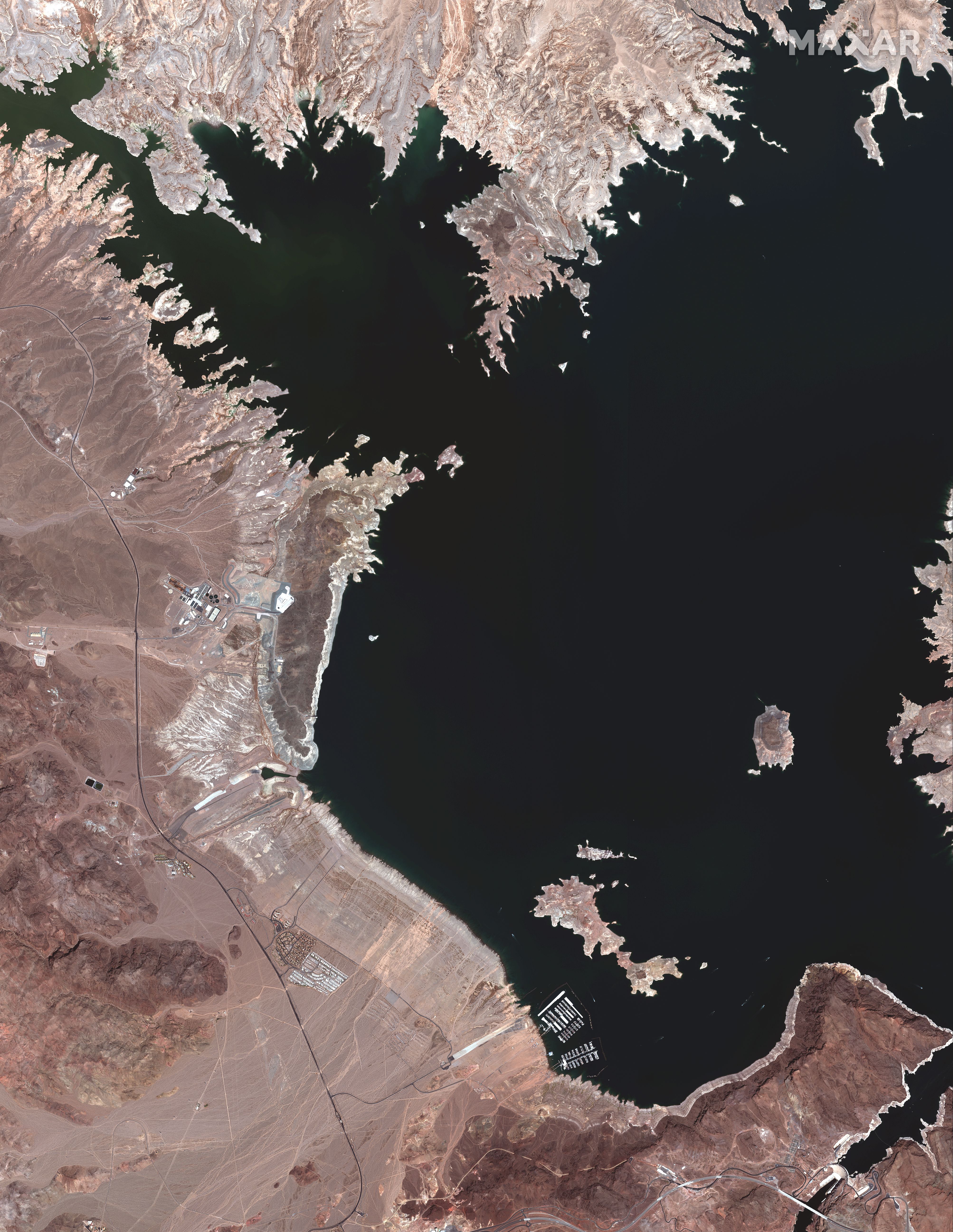 An overview of the southern Lake Mead and Hoover Dam on July 27