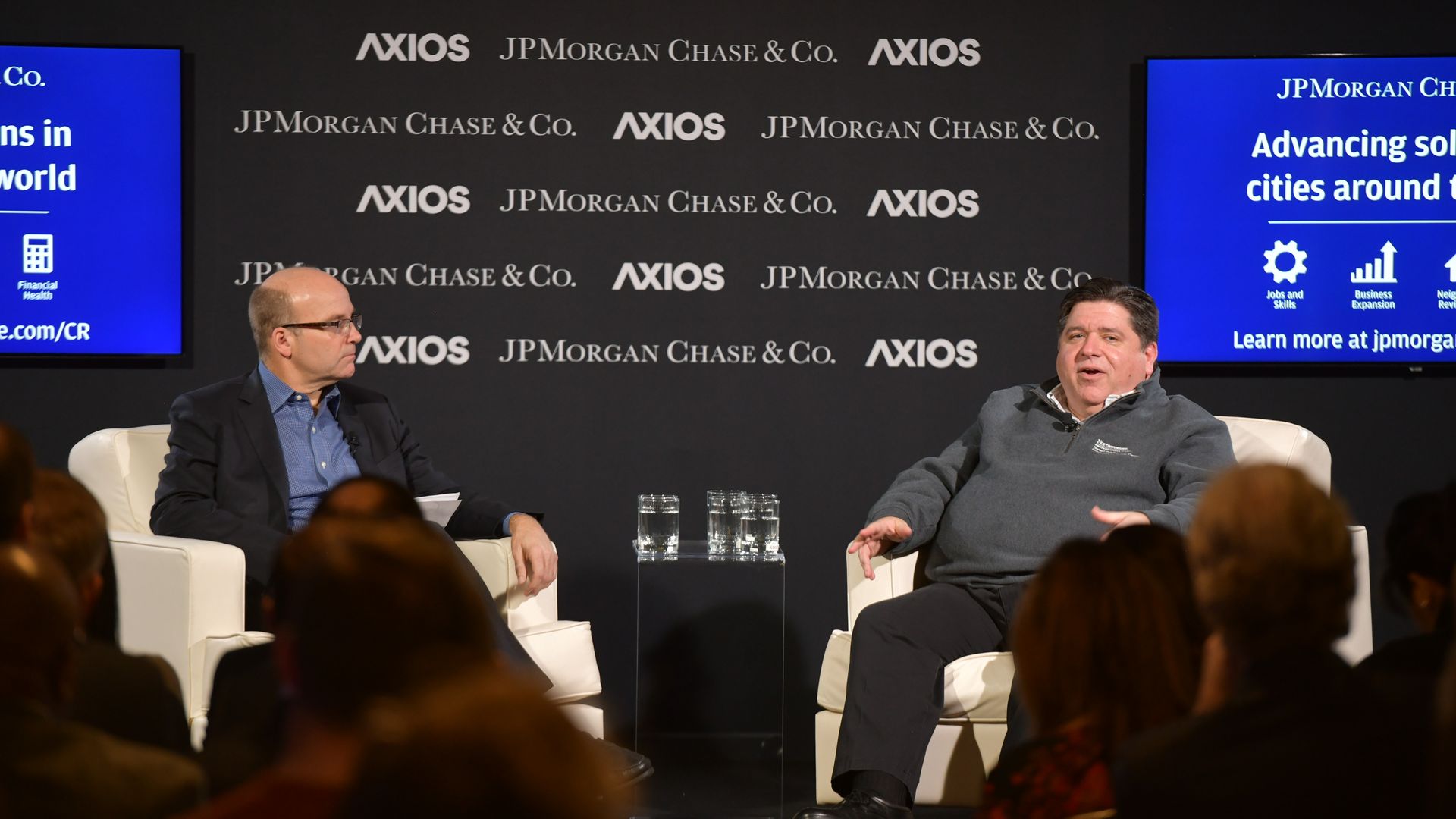 Left, Axios' Mike Allen, right, Gov. J. B. Pritzker of Illinois.