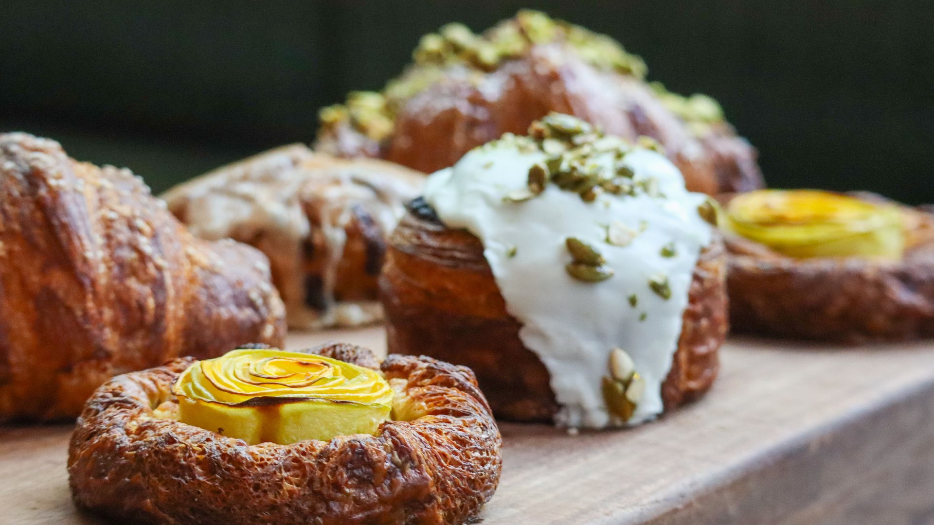 An arrangement of pastries on a table.