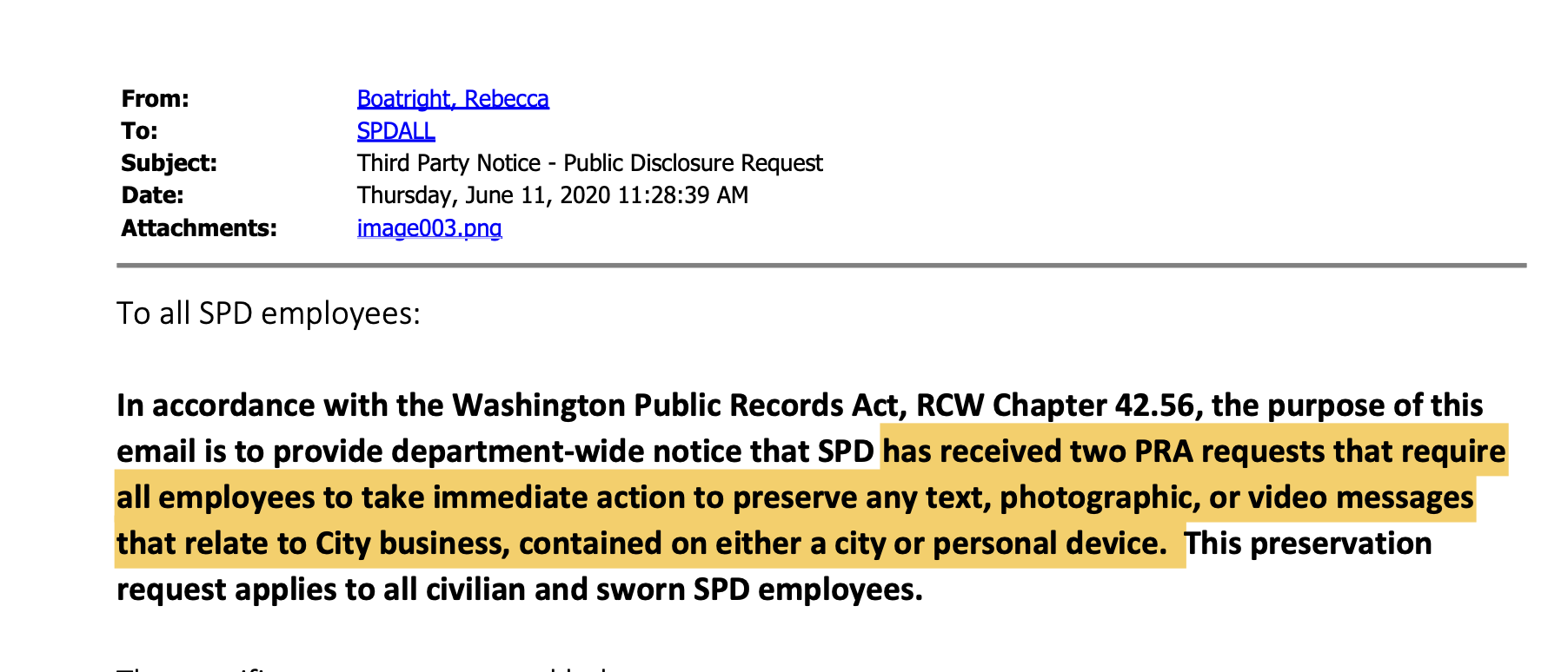 Image of an email sent on June 11, 2020 email by Seattle Police Department chief legal counsel Rebecca Boatright to all department personnel, notifying them to preserve their text messages.