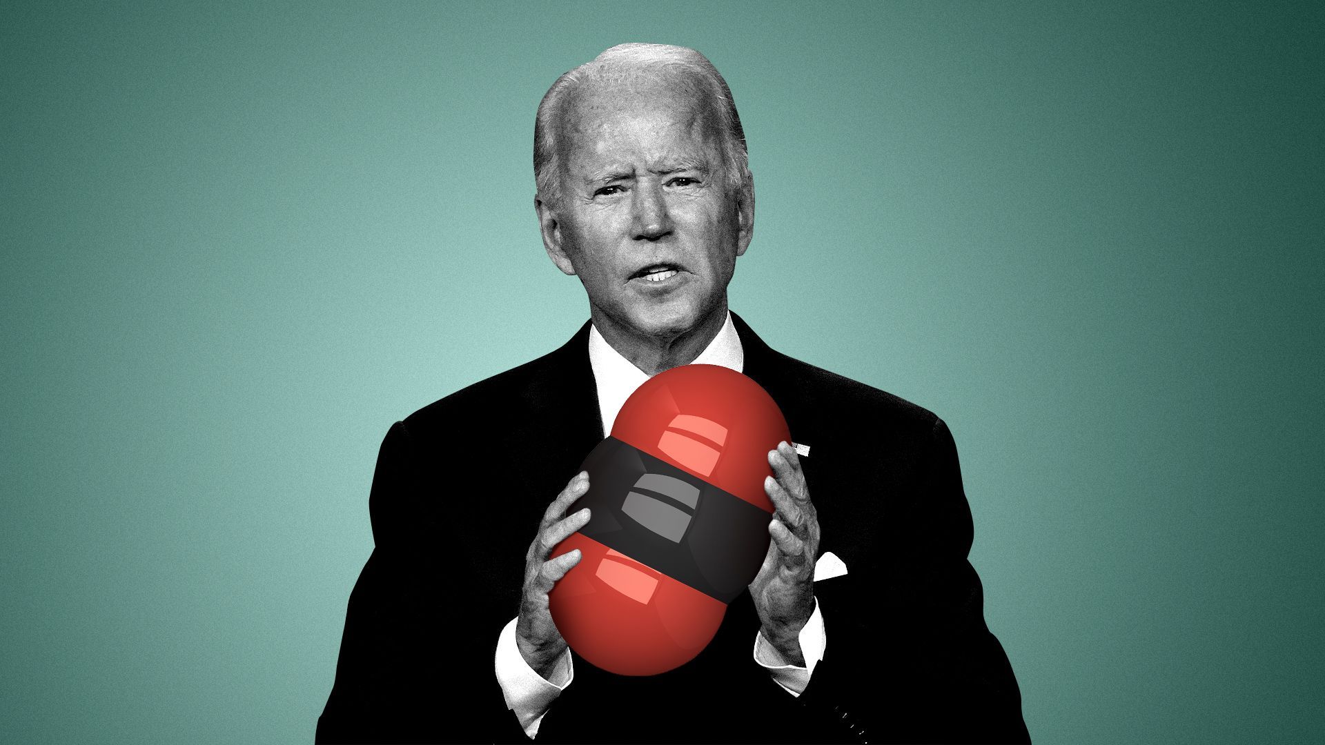 Photo illustration of Joe Biden holding a carbon molecule. 