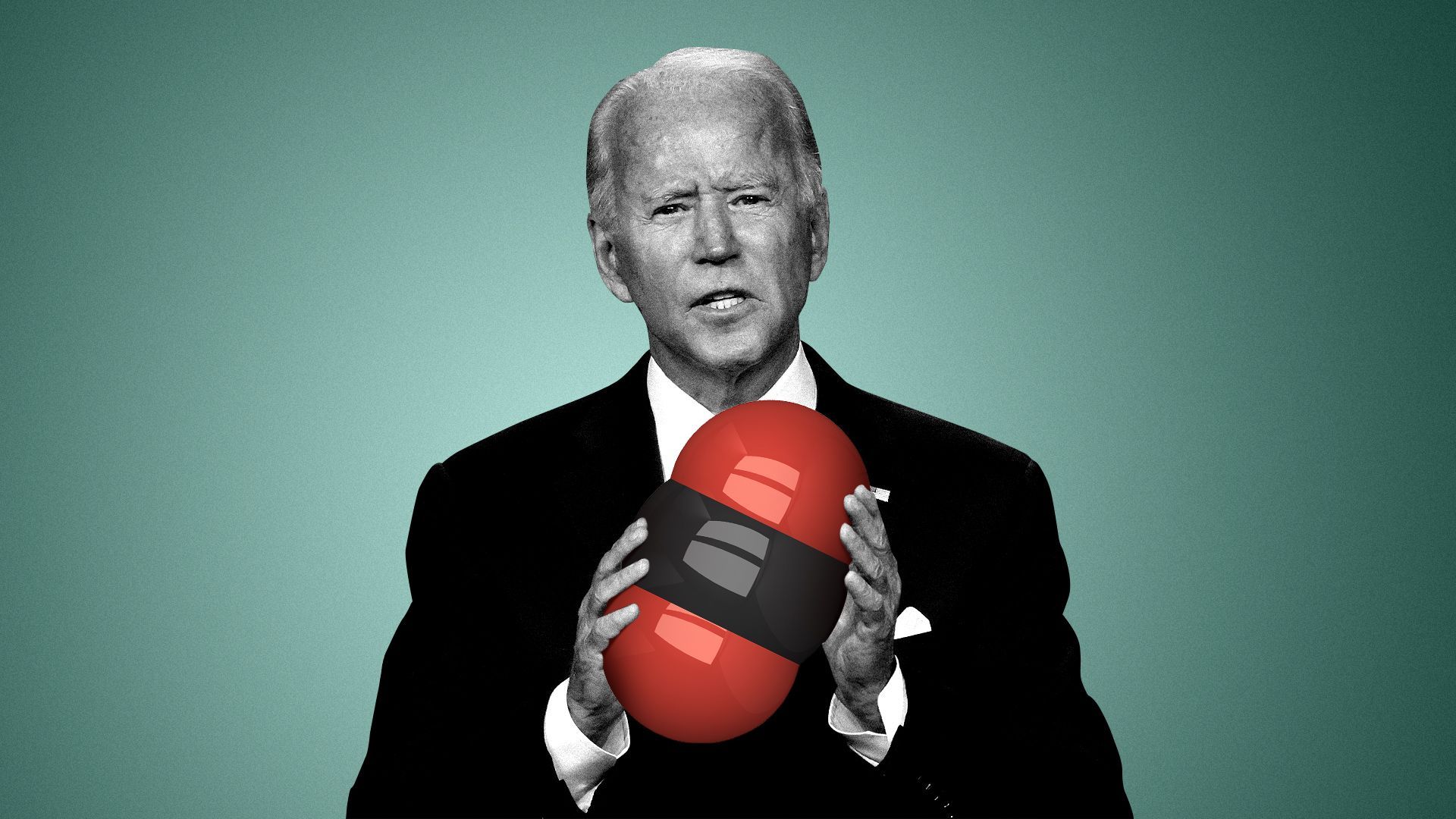 Photo illustration of Joe Biden holding a carbon molecule.