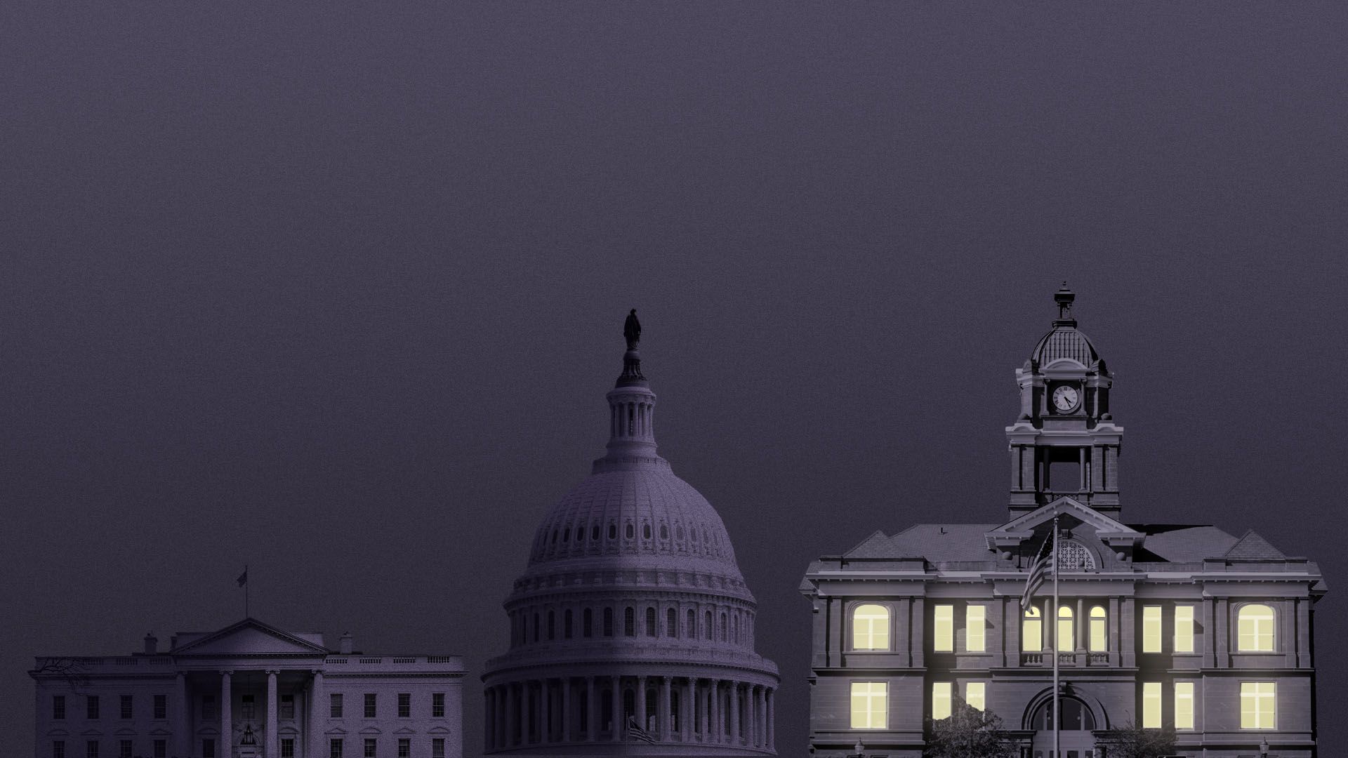 Illustration of the White House and the Capitol Building in darkness next to a city hall with all the lights on