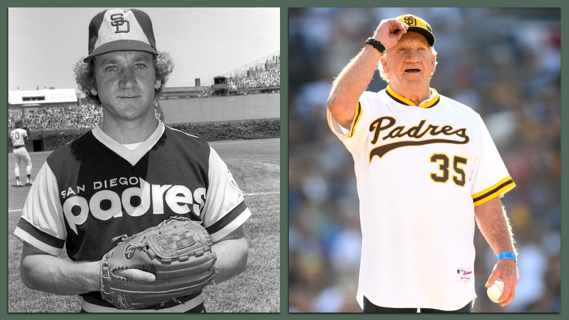 Two side by side photos. On left, a black and white photo of Padres player Randy Young in uniform on the field in 1978. On right, Young wears a padres jersey and tips his ball cap with a ball in his hand in 2016.