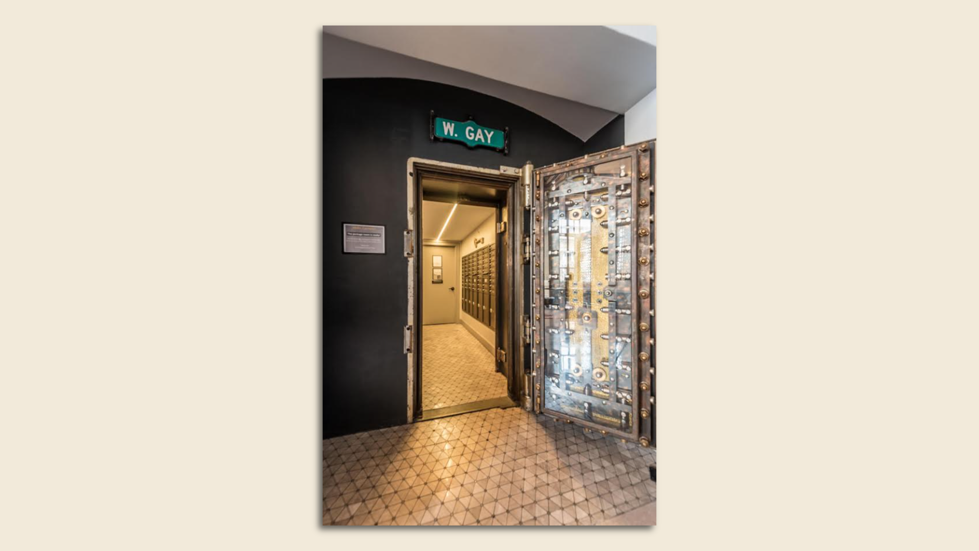 A condo building's mail room located inside an old bank vault.