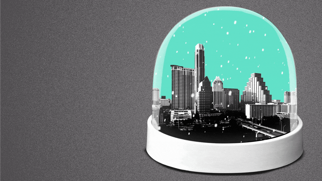 Illustration of a snow globe with the Austin skyline inside it.