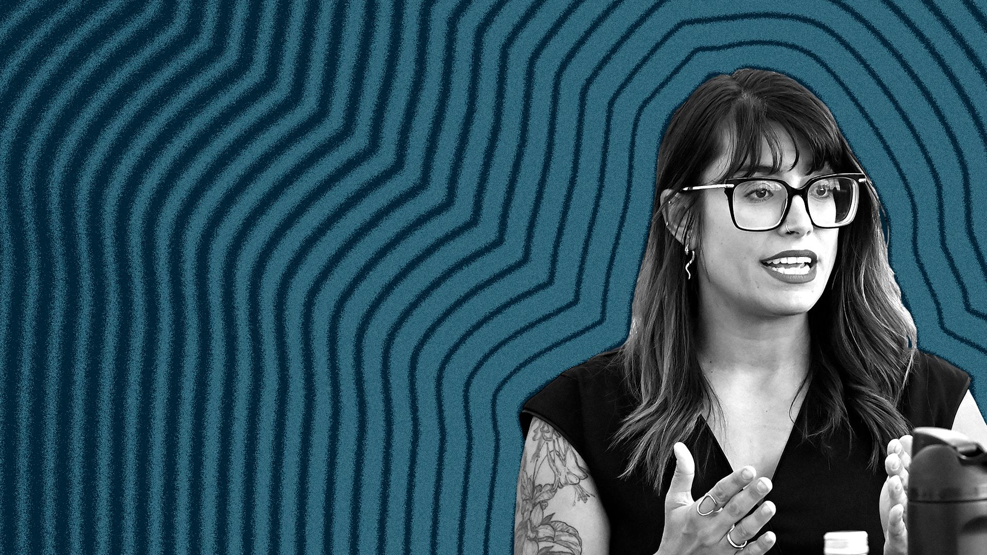 Photo illustration of Sara Innamorato with lines radiating from her.