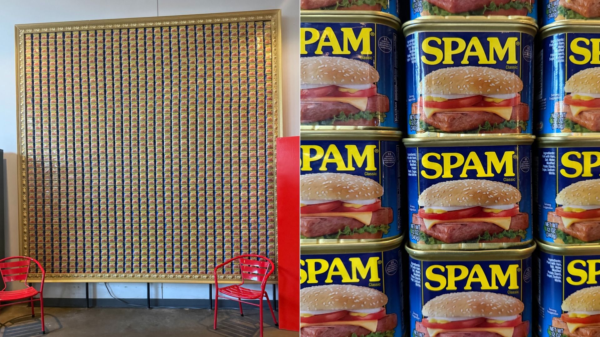 Gold-framed wall mosaic made from countless SPAM cans, with two red chairs in front. On the right, rows of blue SPAM Classic cans display a hamburger on the label.