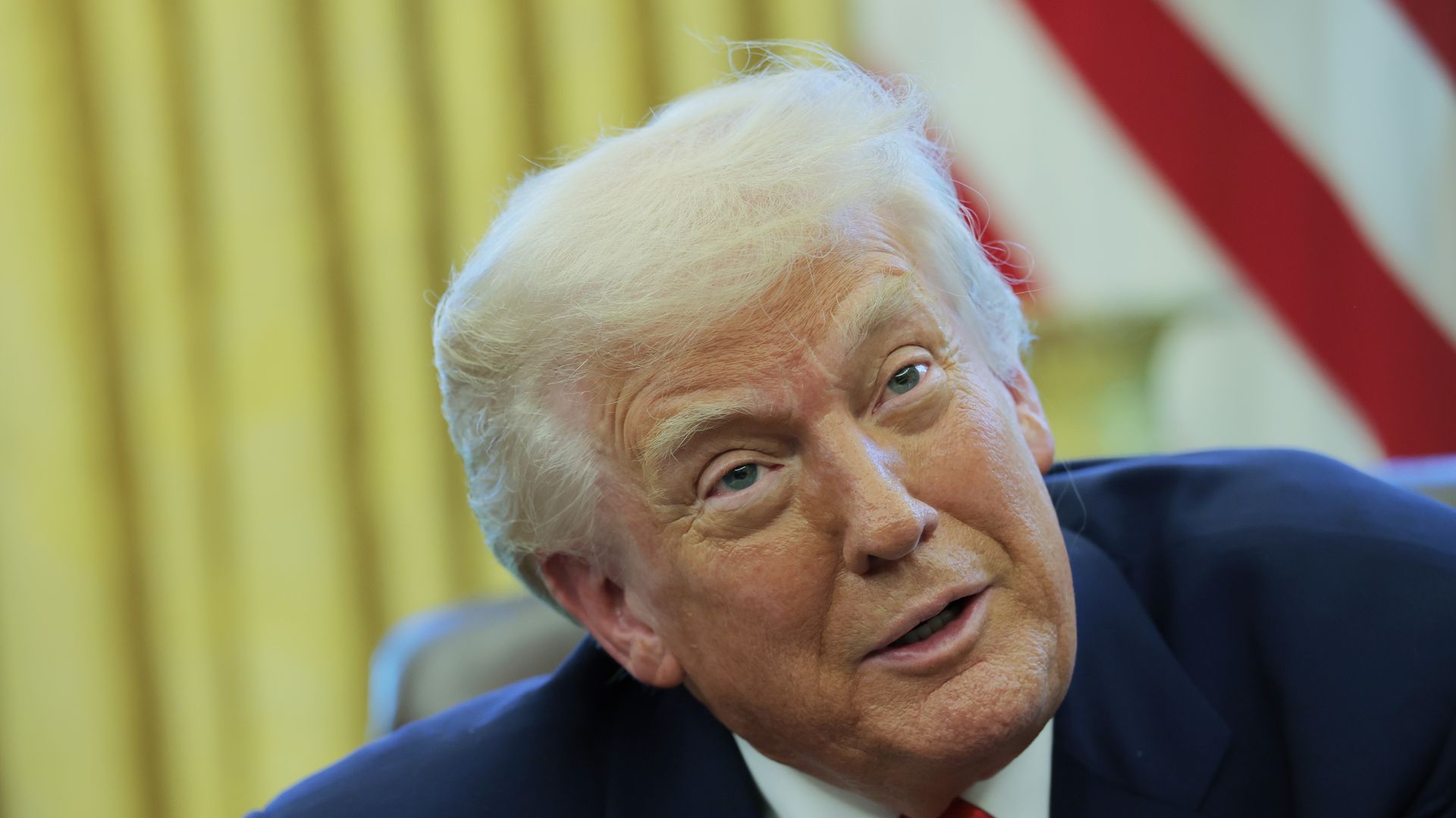  President Trump speaks to reporters while in the Oval Office of the White House on April 9, 2025 in Washington, DC.