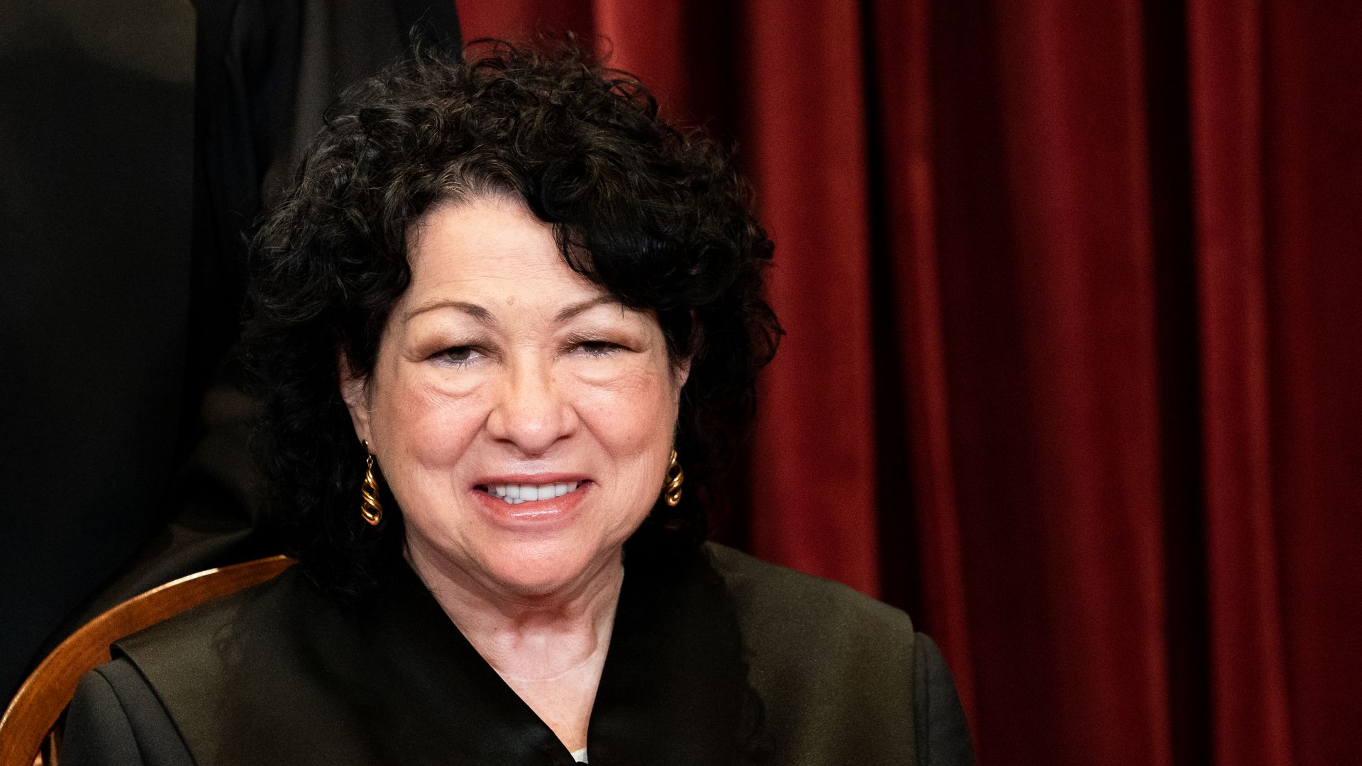 Associate Justice Sonia Sotomayor sits during a group photo of the Justices at the Supreme Court in Washington, DC on April 23, 2021.