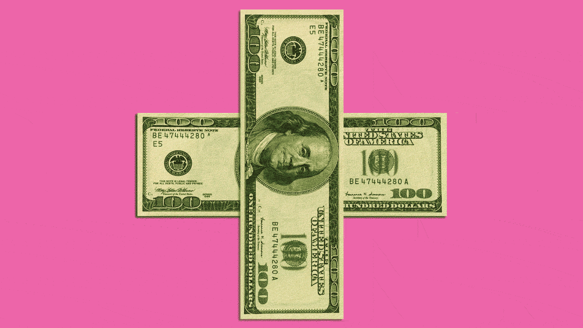 Animated illustration of a plus sign formed by two one hundred dollar bills turning into an asterisk